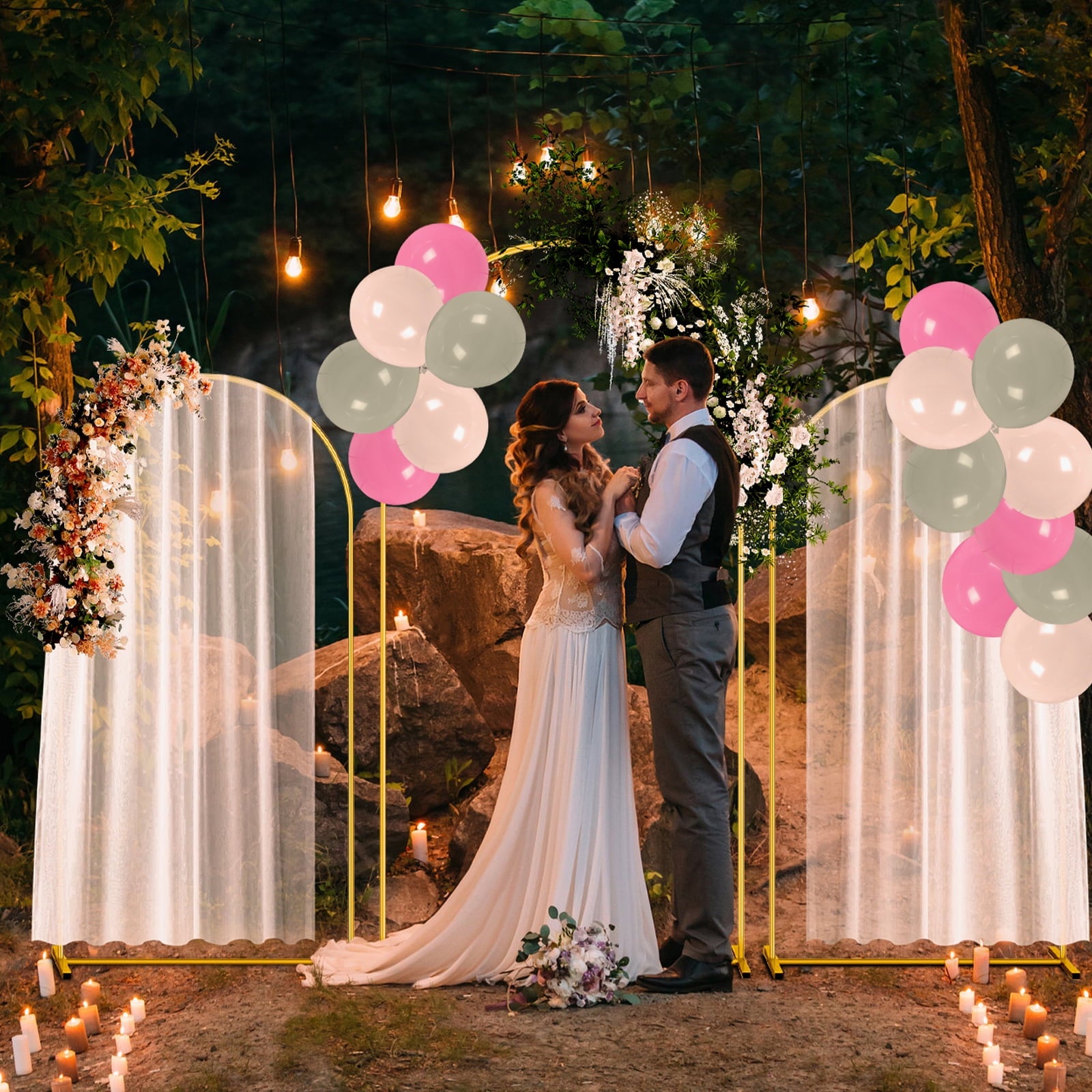 ZYNERY Set of 17 Gold Metal Arch Backdrop Stand, 7.2FT+6FT Wedding Arch Frame with 15 Balloon, for Wedding Birthday Party Baby Shower Graduation Ceremony Decor