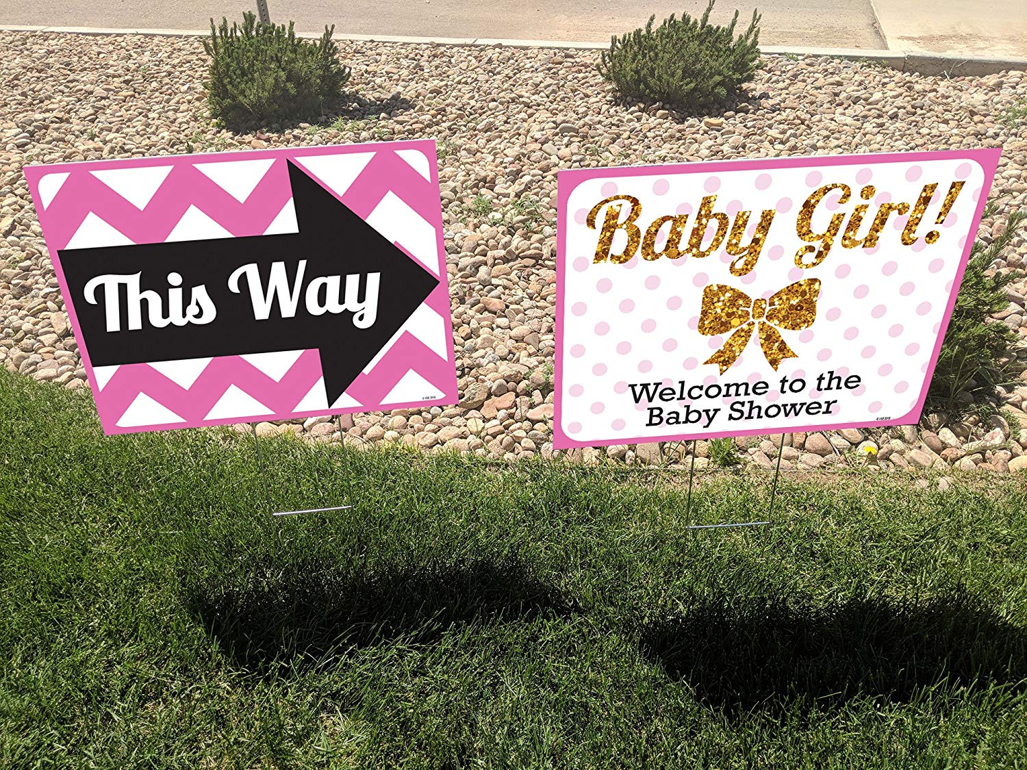 18x24 Baby Girl double sided Lawn Sign Baby Shower Kit with 6x24 H-stakes. Brightly colored Pink, Black, and Digitally Printed Gold Glitter. Baby Girl sign with a Directional Arrow sign included