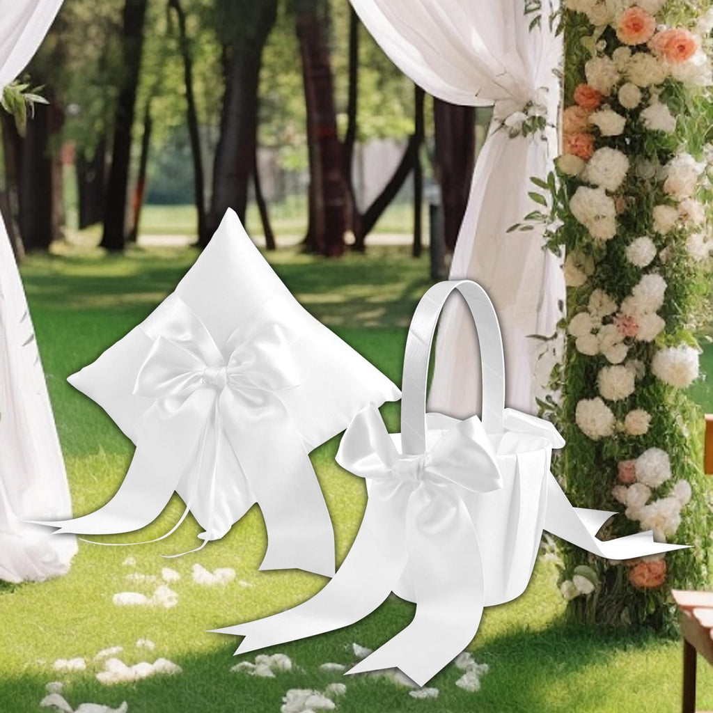 Yunhgft Ring Bearer Pillow,Wedding Flower Girl Basket,Romantic Bow Ribbon Bridal Wedding Pillow and Basket