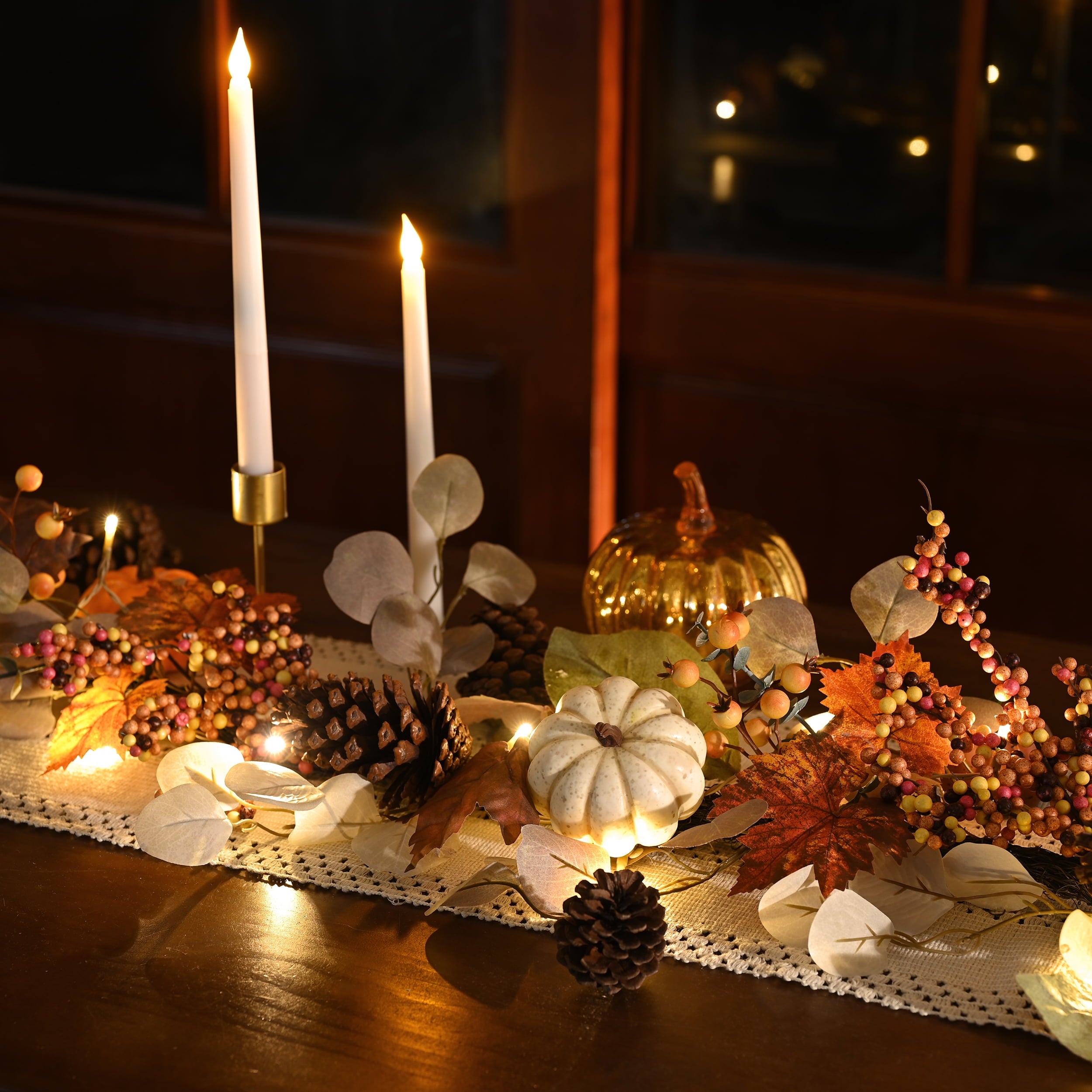 Valery Madelyn 6Ft Pre-Lit Fall Garland Lighted Harvest Garland with Red Orange White Pumpkin & Pine Cone for Thanksgiving Fireplace Farmhouse Front Door Banisters Porch