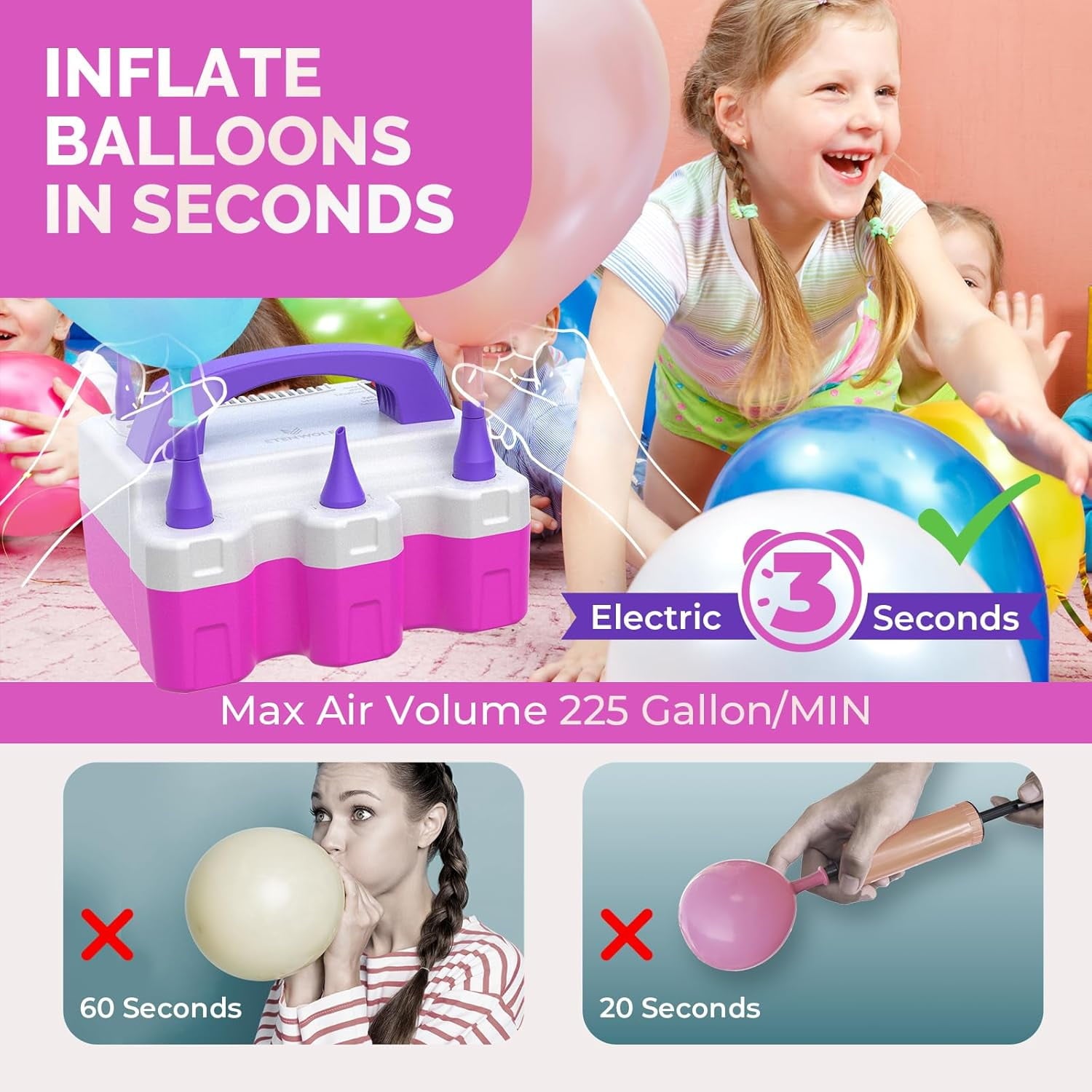 ETENWOLF  Electric Balloon Pump for All Balloons with 3 Nozzles 110V 600W Balloon Blower for Party Metalic Latex 260q Foil Balloons, Balloon Inflator for Birthday Decorations