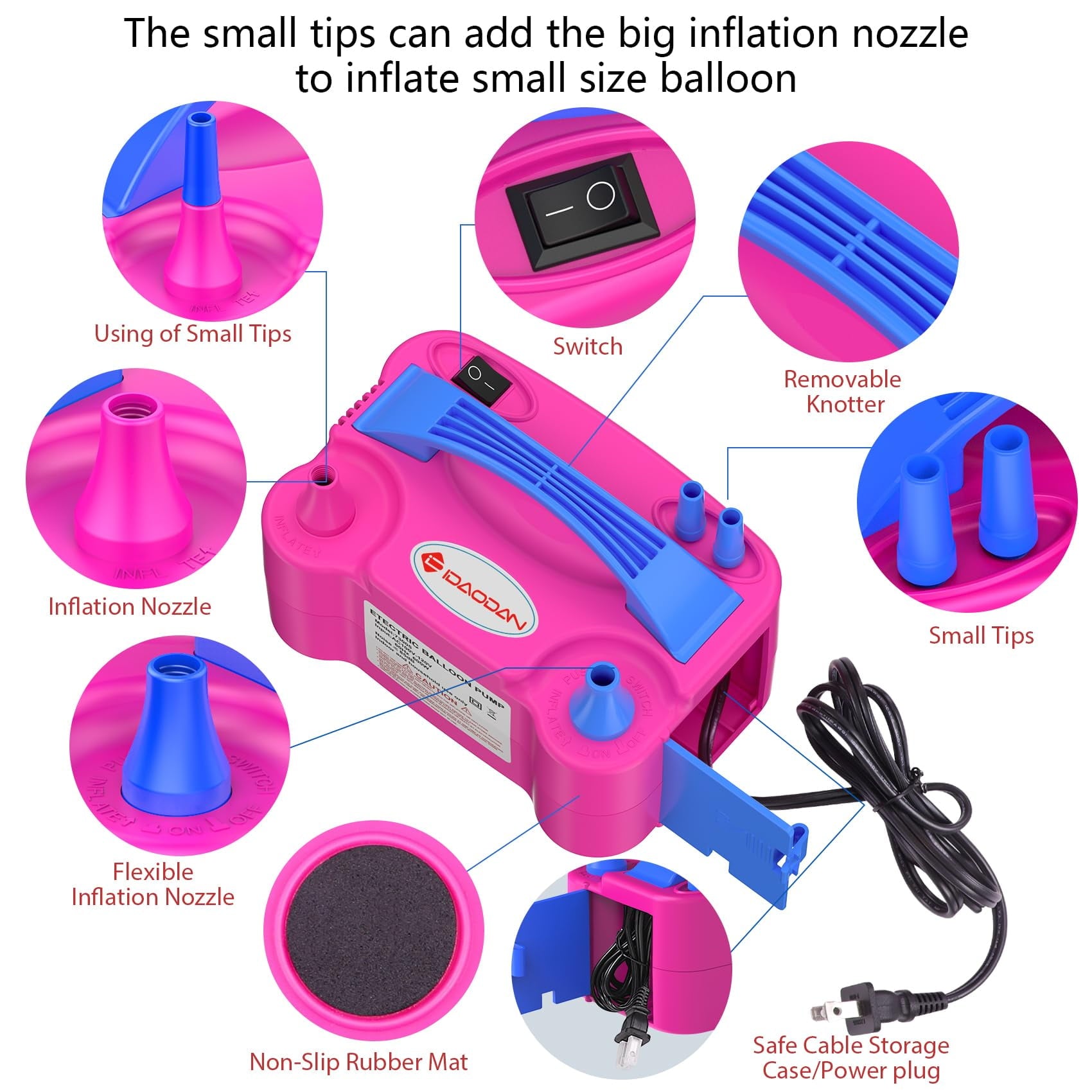 Electric Balloon Inflator Pump by IDAODAN, Dual Nozzle Portable Air Compressor 750L/min 600W for Festive Events Home Decorations, Red Blue