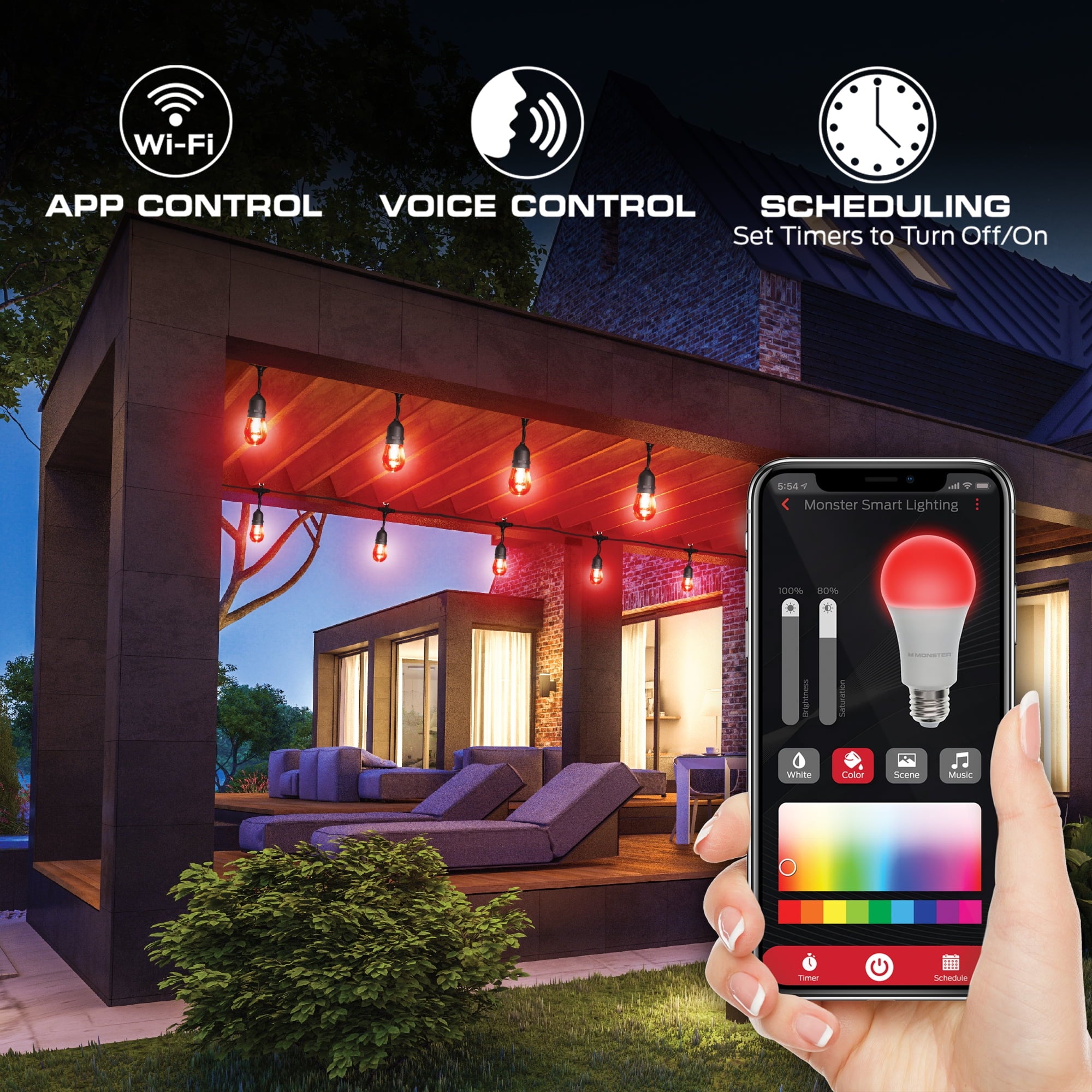 Monster Smart String Lights, Sound Reactive Outdoor String Lights w/ Voice Control, 24ft (12 Lights)
