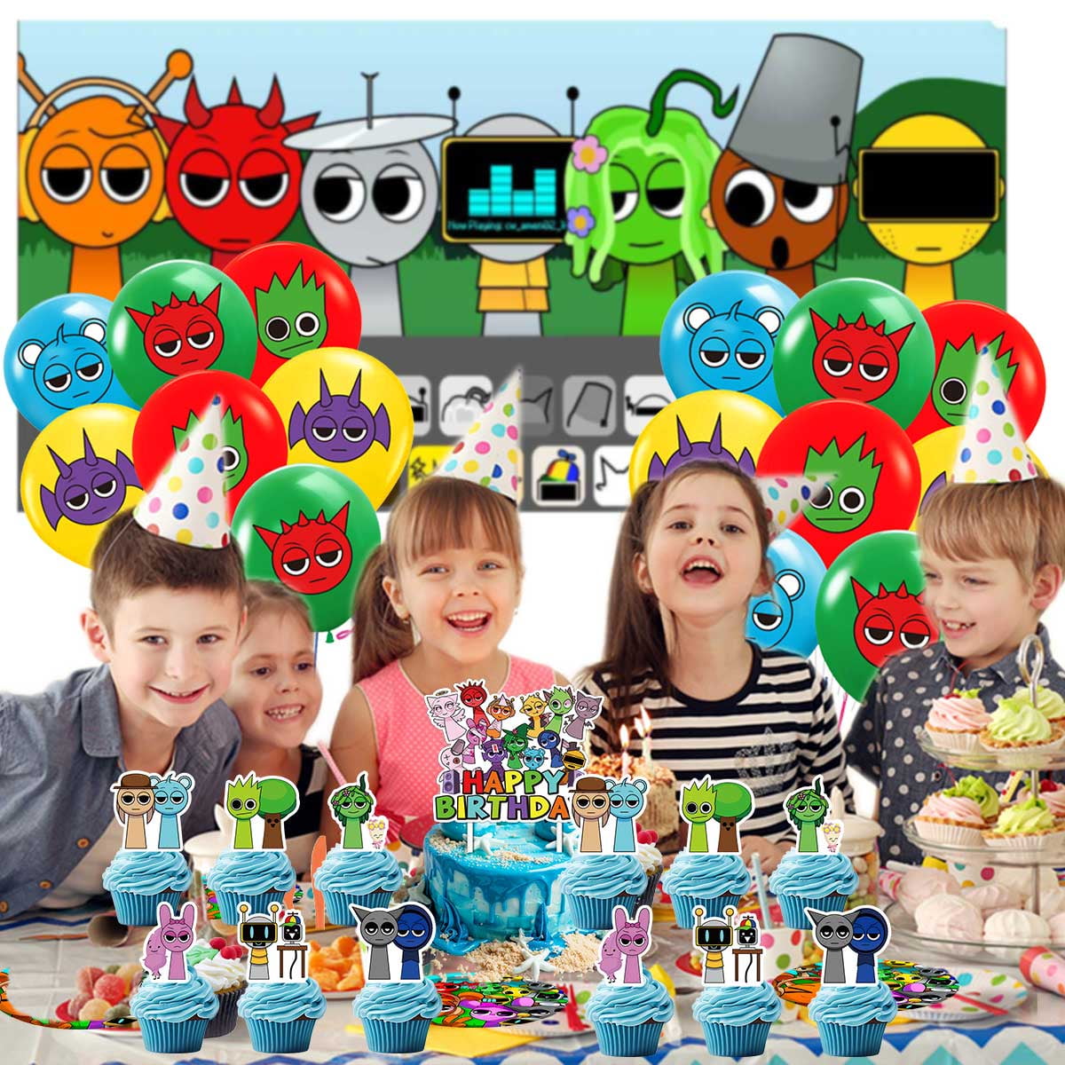 Incredibox Sprunki Party Supplies Decorations Paper Plates Tableware Balloons Birthday Decor Cake Topper Fans Banner Backdrop