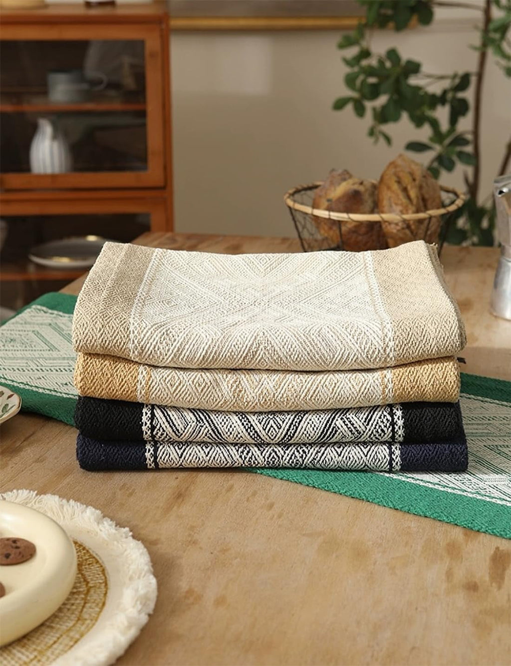 Fennco Styles Diamond Weave Fringe Cotton Blend Table Runner 14" W x 72" L - Beige Geometric Rectangular Table Cover for Boho Décor, Dining Table, Banquets, Family Gatherings