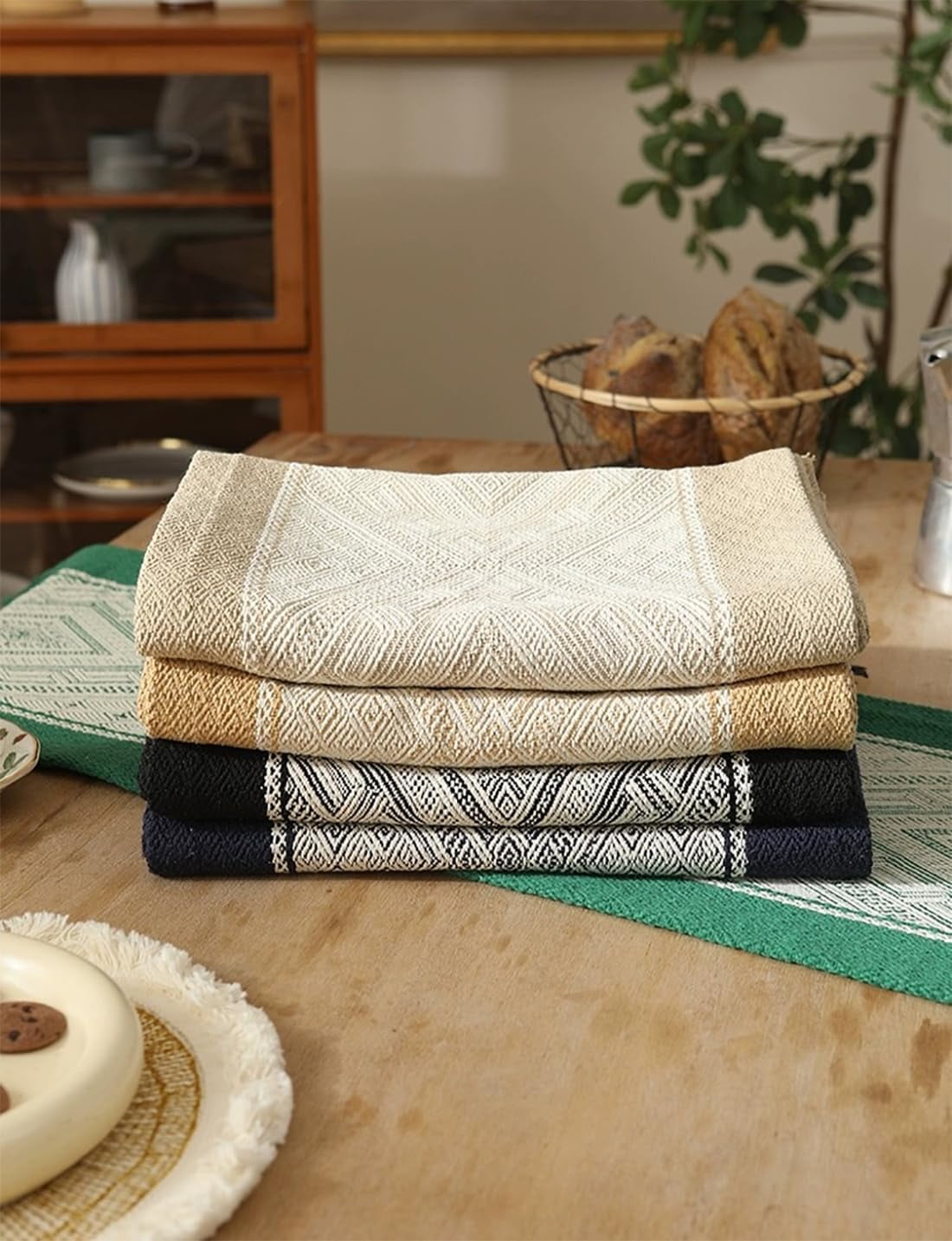 Fennco Styles Diamond Weave Fringe Cotton Blend Table Runner 14" W x 72" L - Beige Geometric Rectangular Table Cover for Boho Décor, Dining Table, Banquets, Family Gatherings