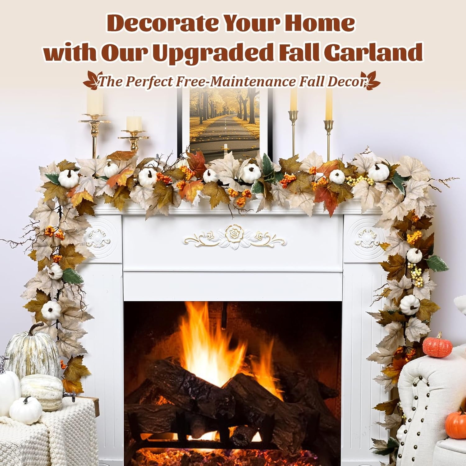 Yastouay 5.9Ft Fall Garland Maple Leaf,Hanging Autumn Fake Vine With Pumpkins And Berries For Fall Thanksgiving Wedding Home Decor