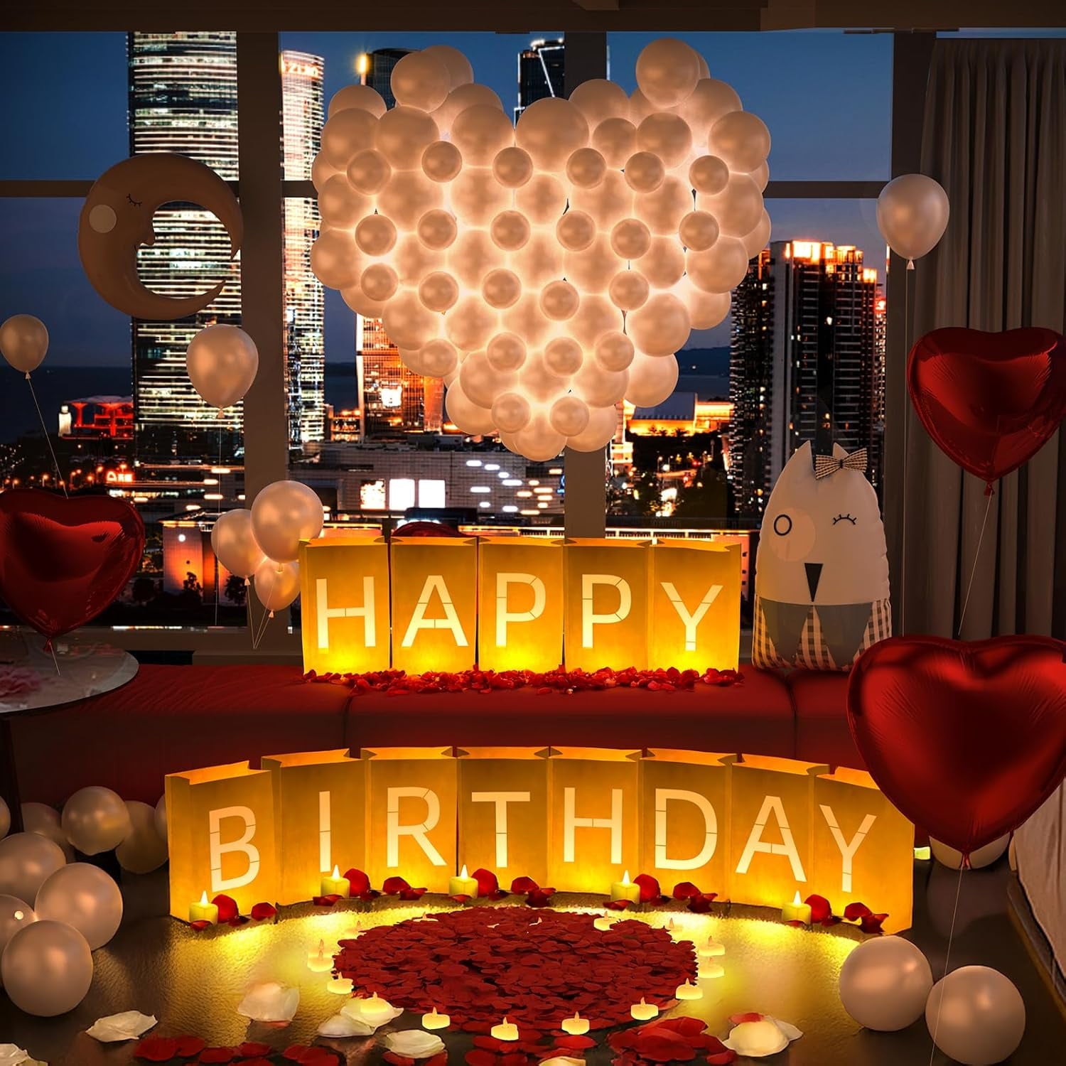 Happy Birthday Decorations, Include Light up Letters, with Tea Lights Candles, Latex Balloons, Aluminum Balloons and Rose Petals, Special Festival, Surprise Gifts Banner for Women and Men