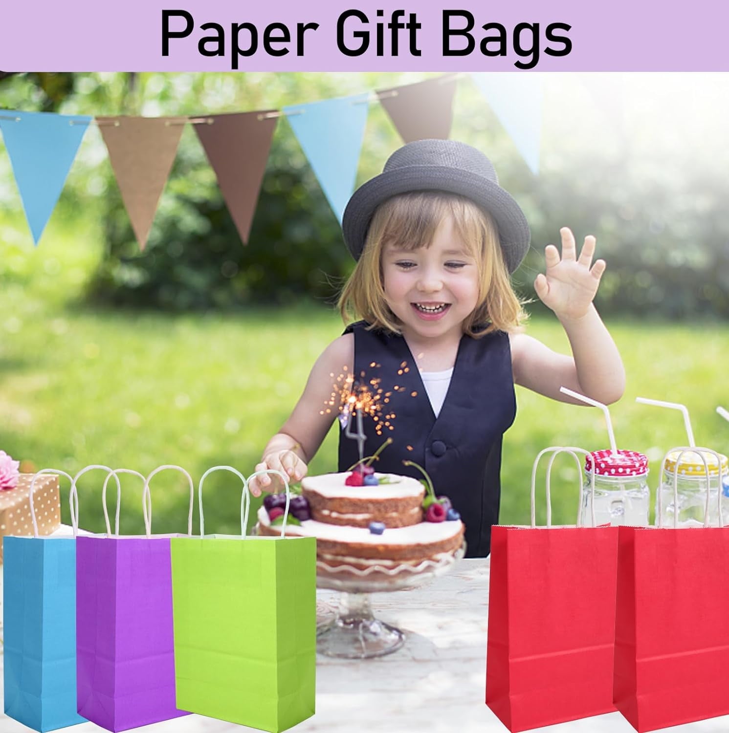 Dyrfolm 100 Pack Paper Gift Bags, Kraft Paper Party Favor Bags with Handles, Assorted Colors Gift bags with Handles, Small Goodie Bags for Kids Birthday Wedding Parties (6 Colors, 5.9"3.15"8.2")