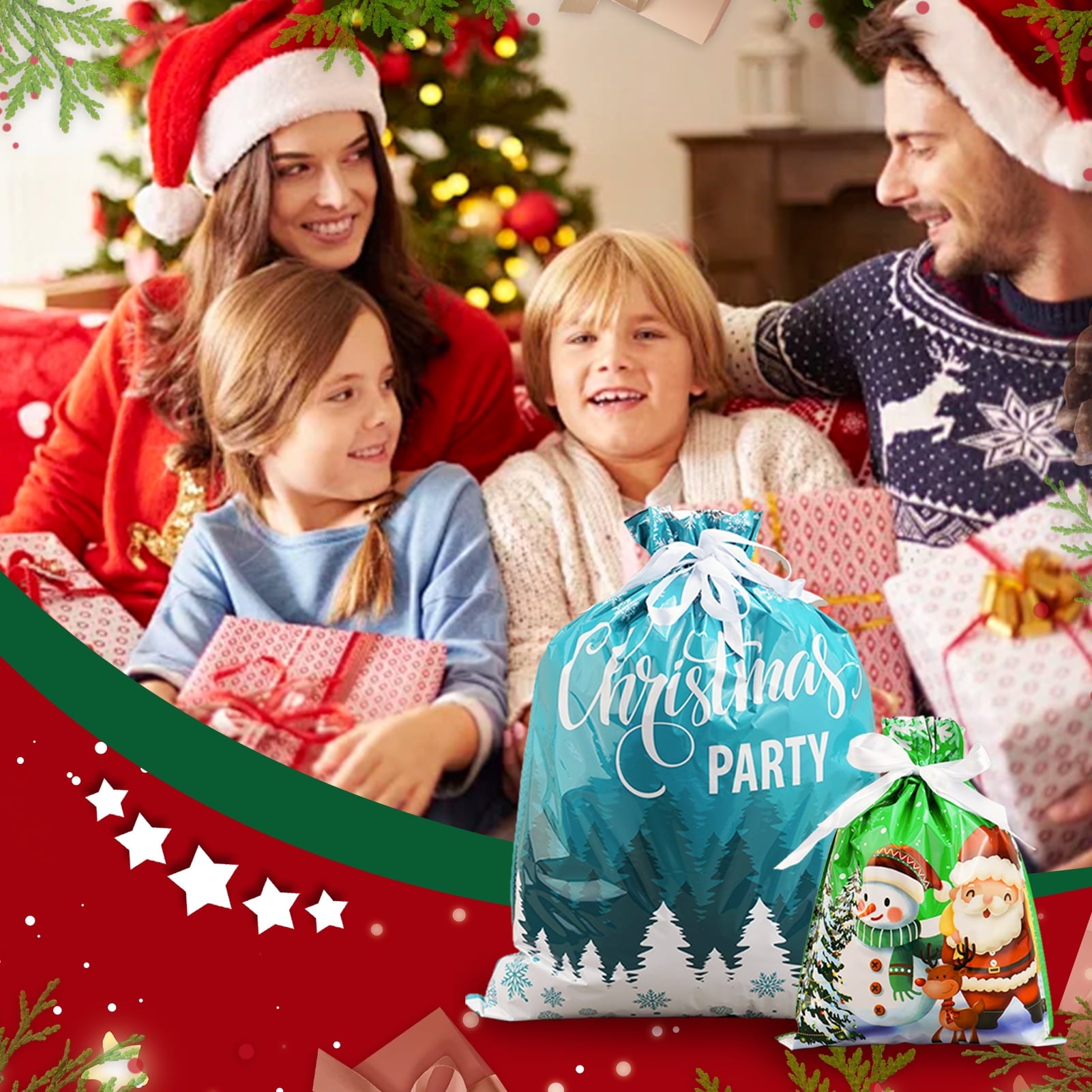 Lumikrypt 30Pcs Christmas Drawstring Gift Bags, Assorted Sizes Christmas Wrapping Bags, Christmas Gift Bag for Xmas Party Favors & Holiday Present Wrapping, Multicolor