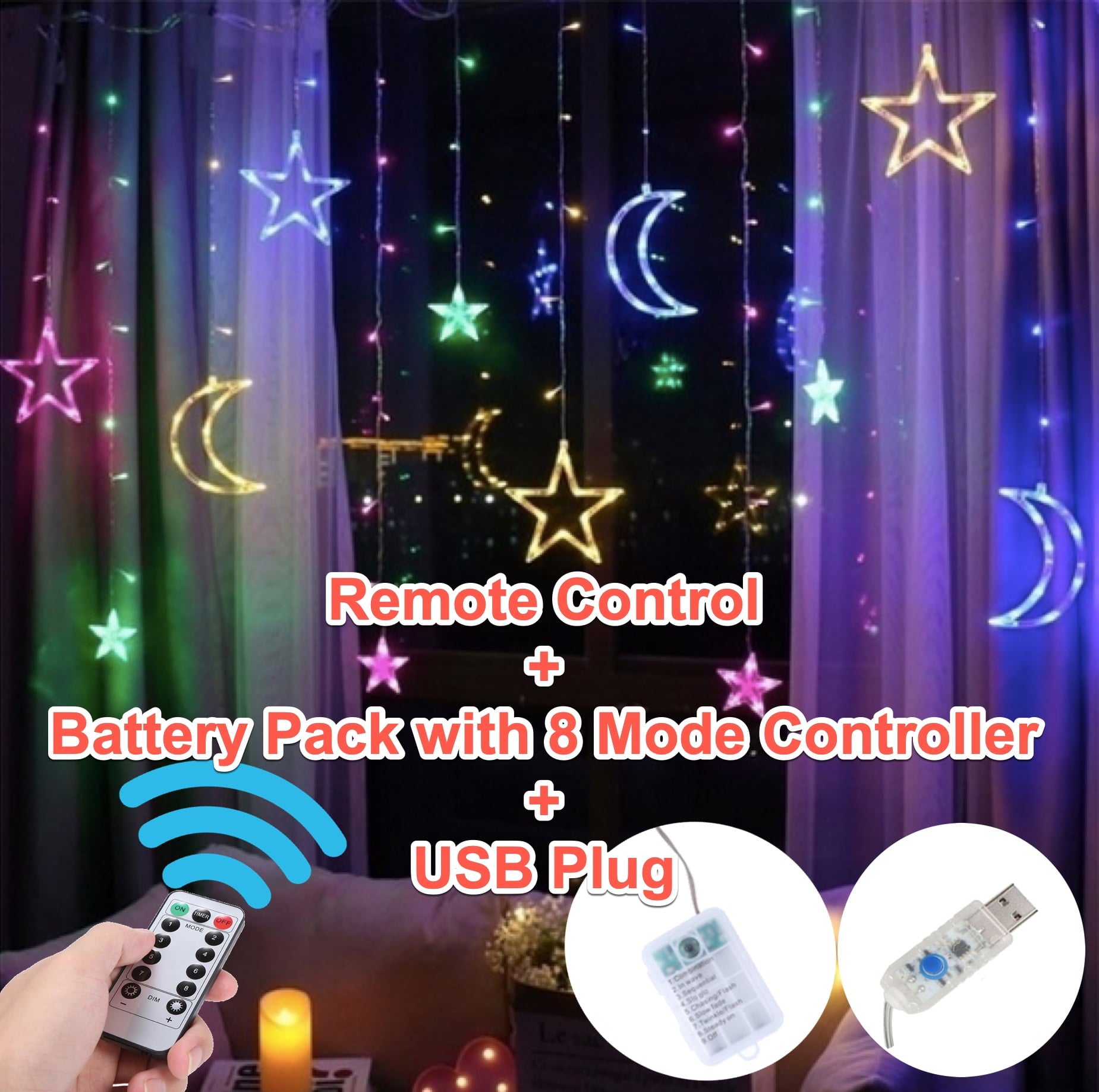 Ramadan Decor 138 LED Curtain Light Moon Star Birthday Office Restaurant decor LED Curtain Style Fairy Lights with USB  Battery and Remote Control 12 Legs of Moon/Star (LED) ~6ft wide