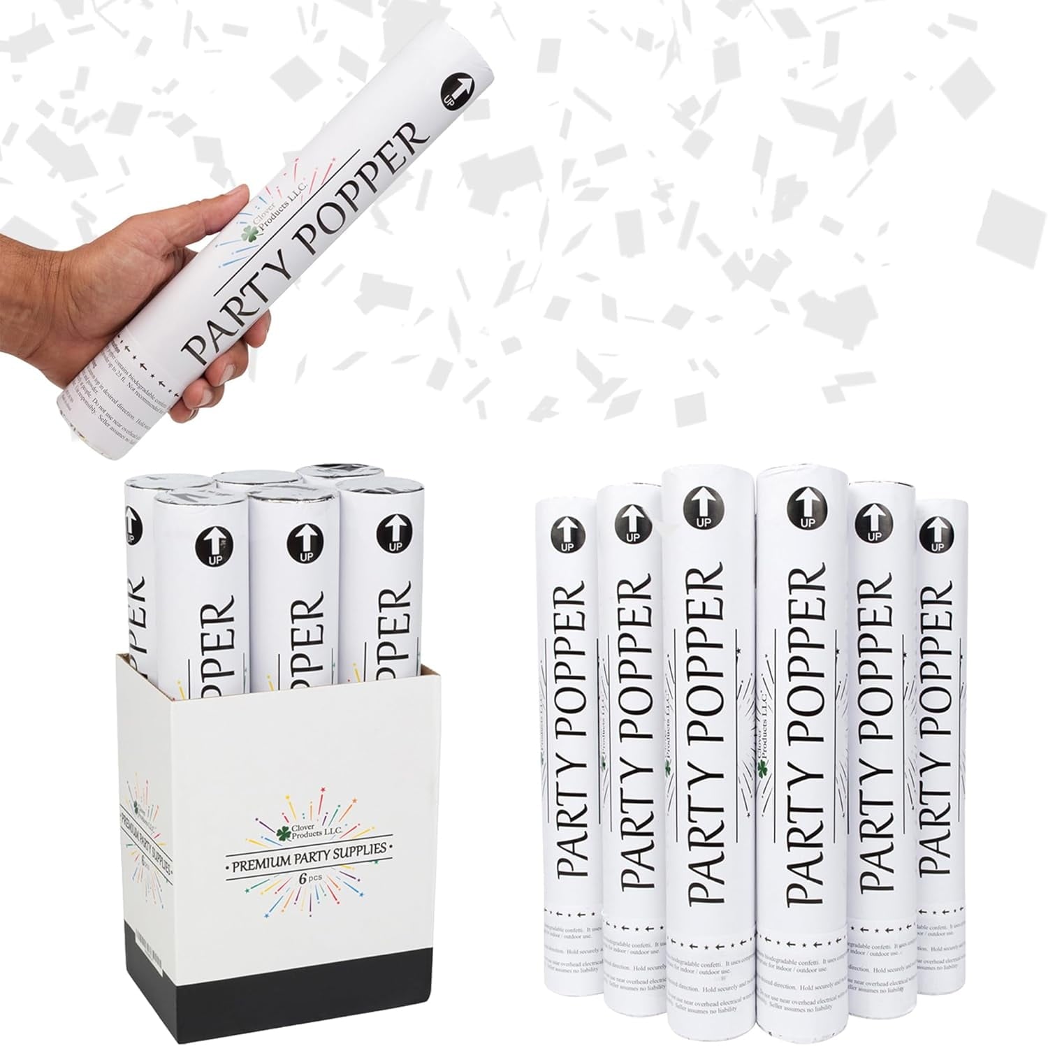 Clover Products Premium Wedding Confetti Cannon – (6 Pack) White Biodegradable Paper Confetti Popper | Launches Confetti 20 – 25 feet | Party Poppers