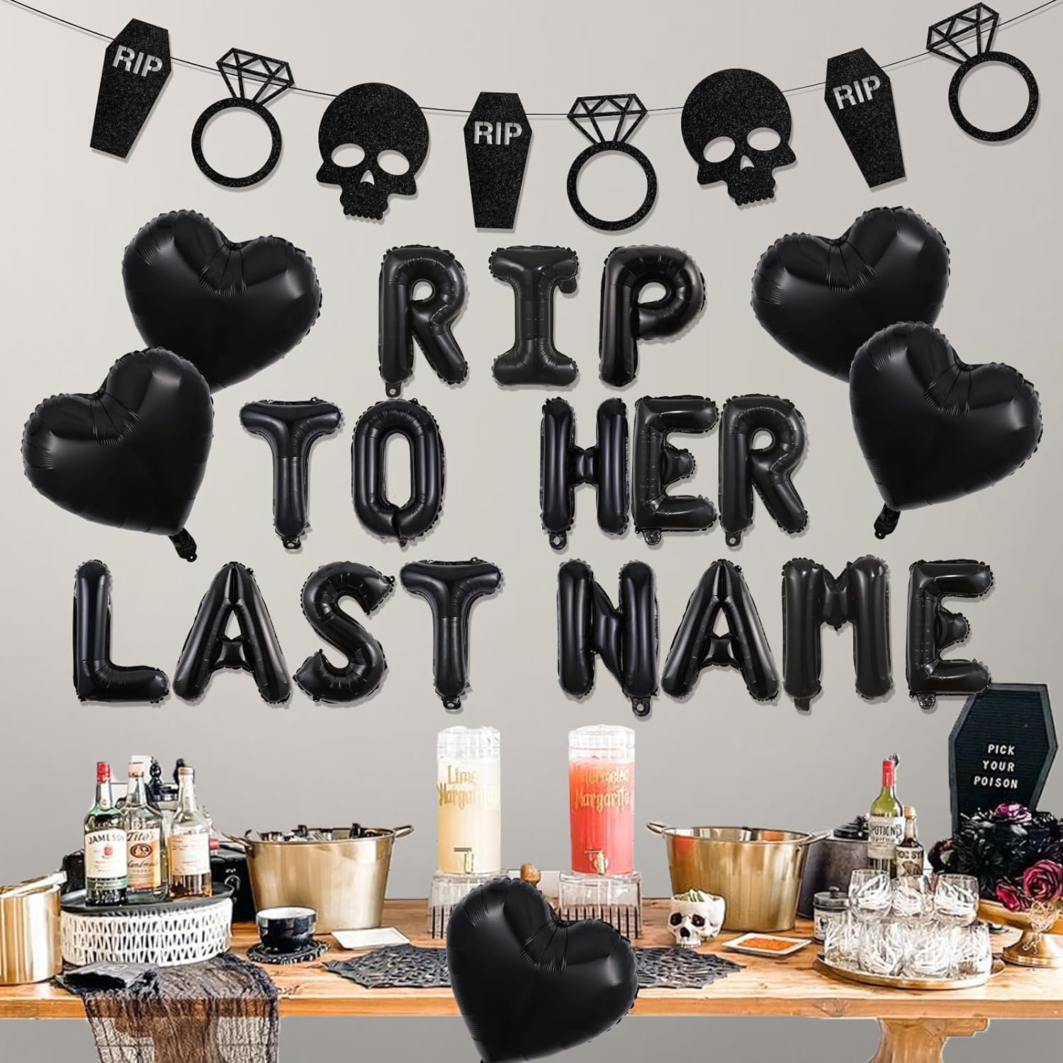 Gothic Bachelorette Party Decoration Rip to Her Last Name Balloon Banner Black Bridal Shower Party Decor Rip Single Life Bride to be Party Decor Fun Bach Bride or Die Wedding Engagement