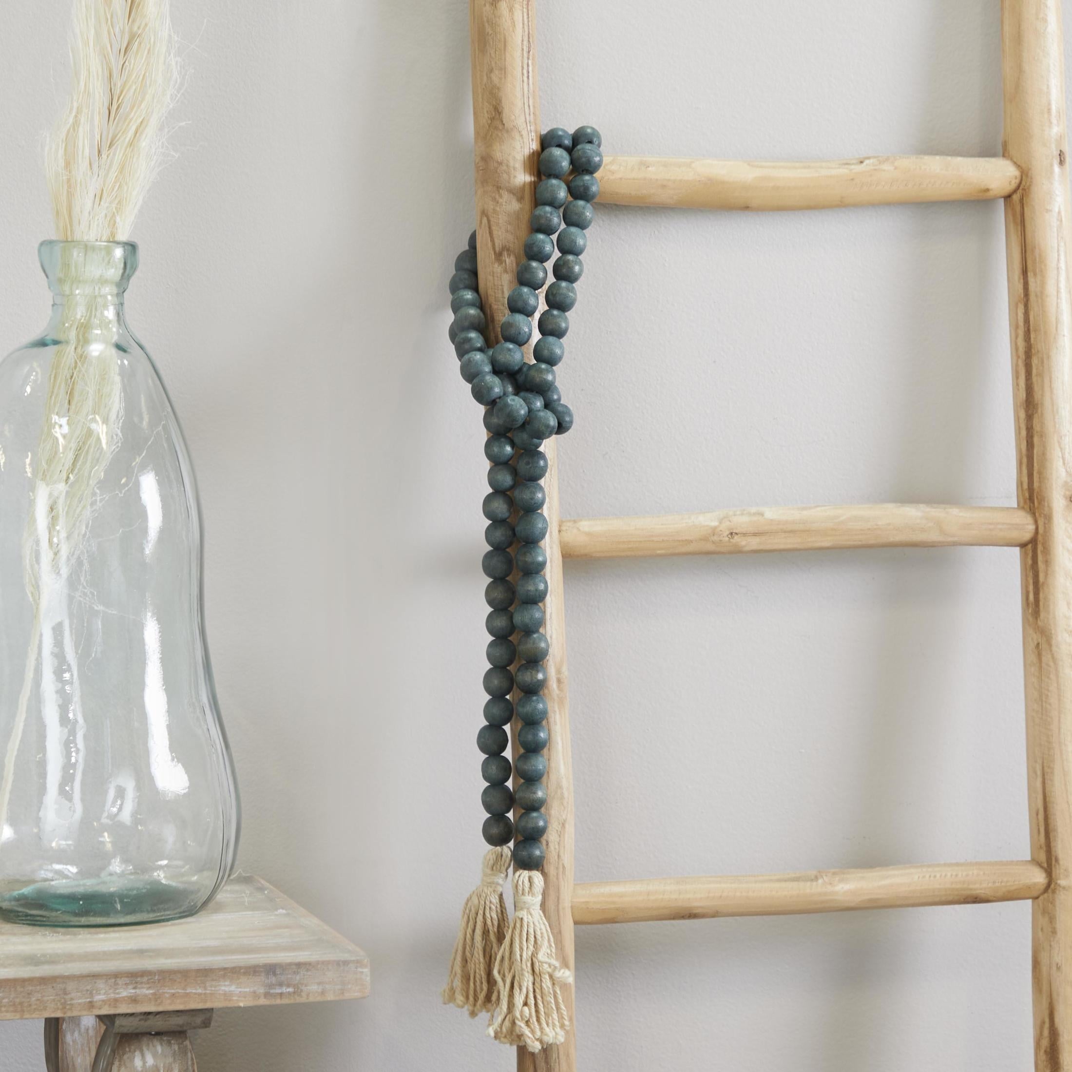 DecMode Green Wood Bohemian Garland Décor with Geometric Bead Details and Cream Cotton Tassel, 81"L