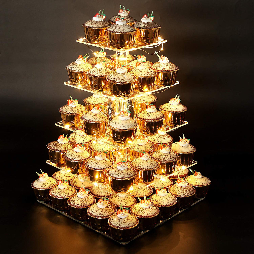 Vdomus 5-Tier Acrylic Cupcake Tower with LED Lights - Cupcake Holder and Display Stand for Weddings, Birthdays, and Parties