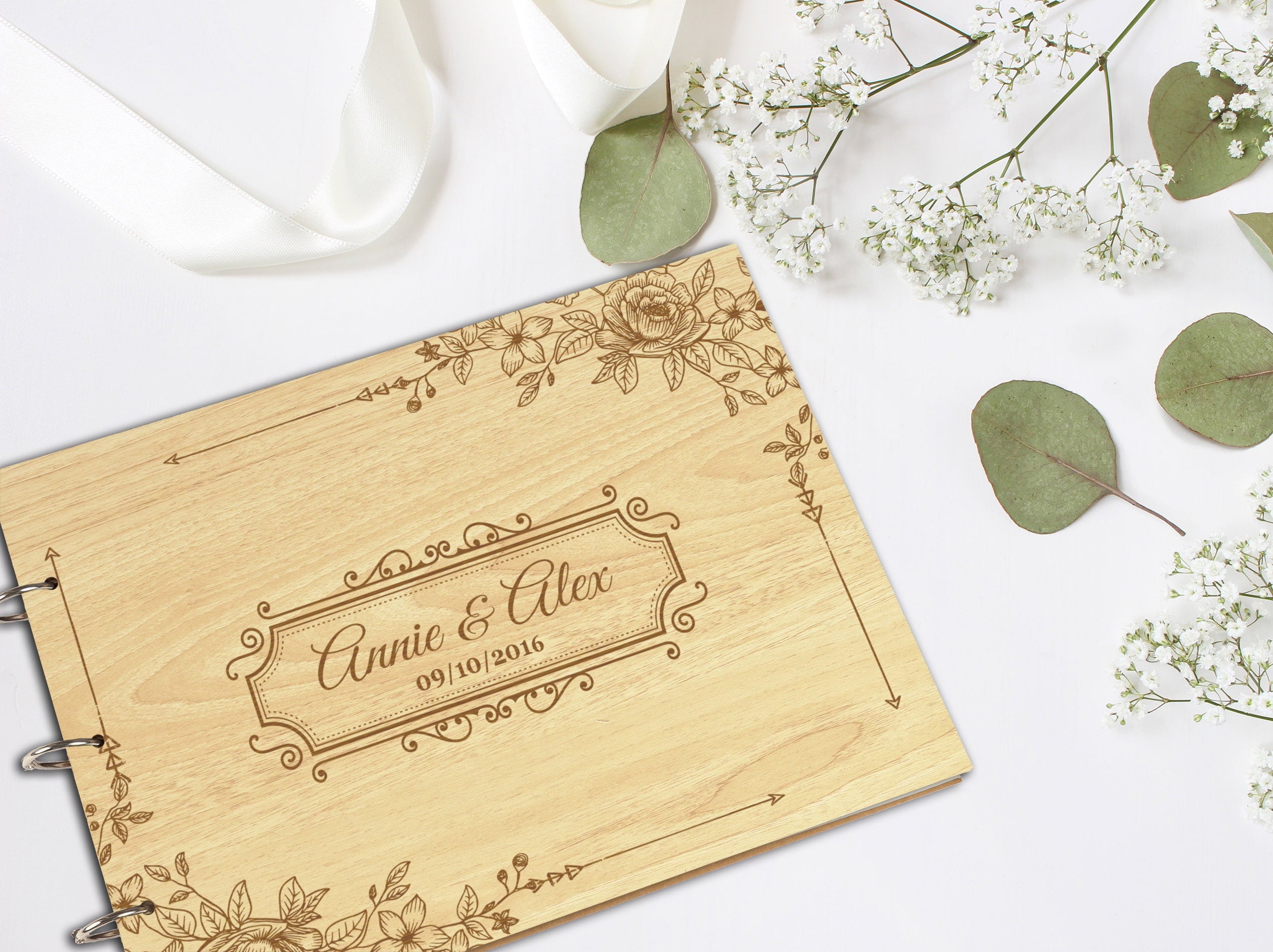 Darling Souvenir Personalized Engraved Laser Cut Wedding Guest Book Wooden Cover Sign-in Book Registry Guestbook Scrapbook-H2