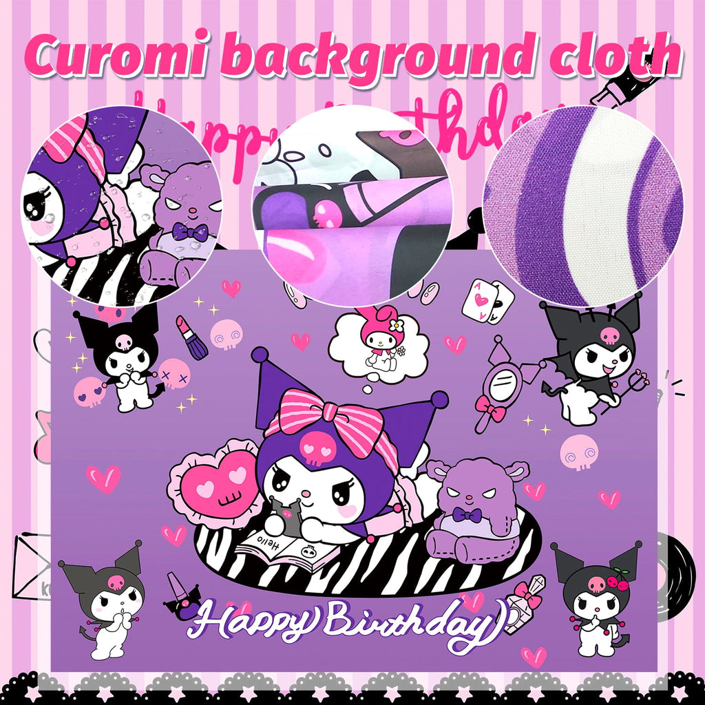 Kuromi birthday party decoration supplies, Kuromi party supplies including Kuromi cake decorations balloons banners plates napkins cups Kuromi party decorations for girls and kids