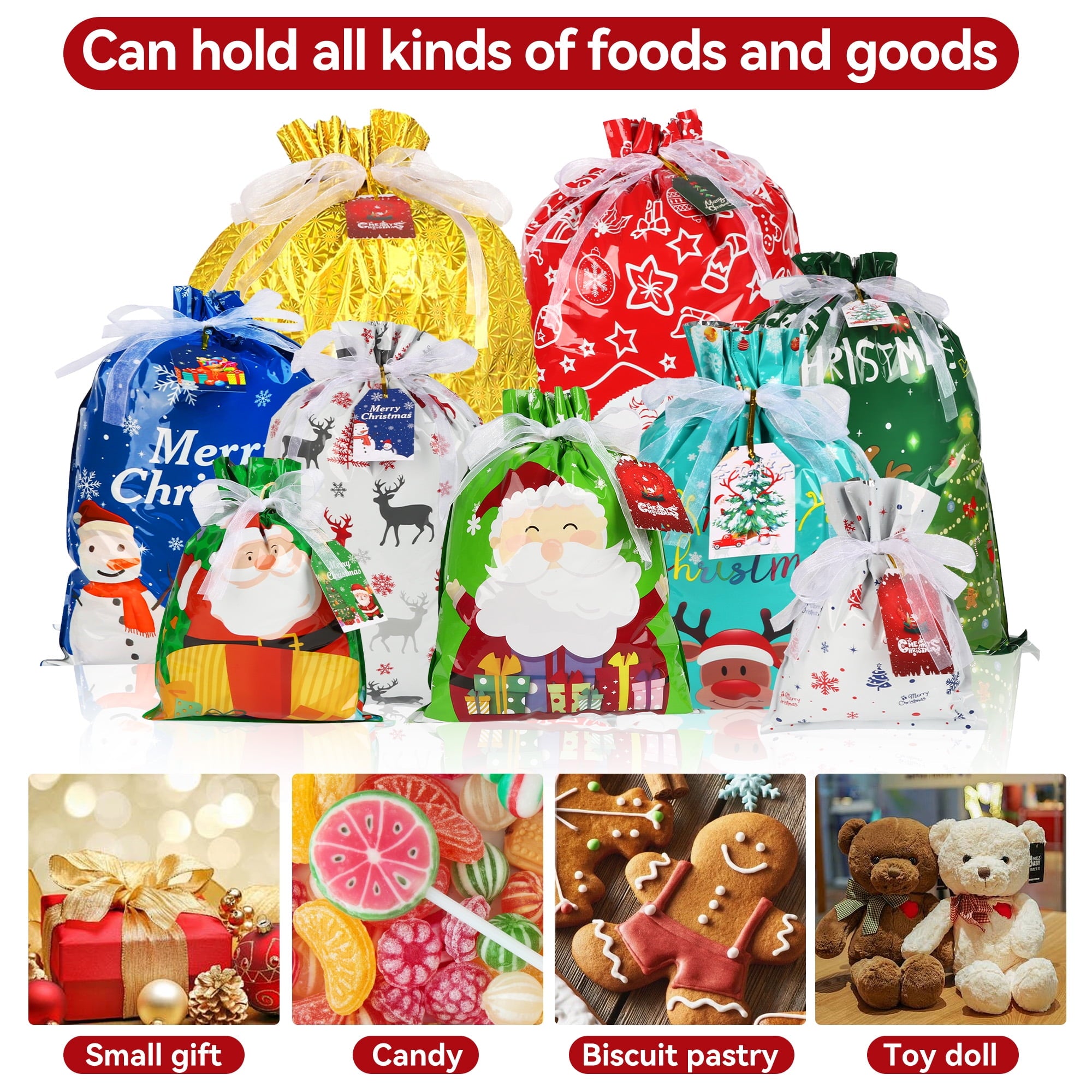 Tuonito 30PCS Christmas Drawstring Gift Bags of Assorted Sizes , Holiday Gift Bags with  Drawstrings for Xmas Party Favors