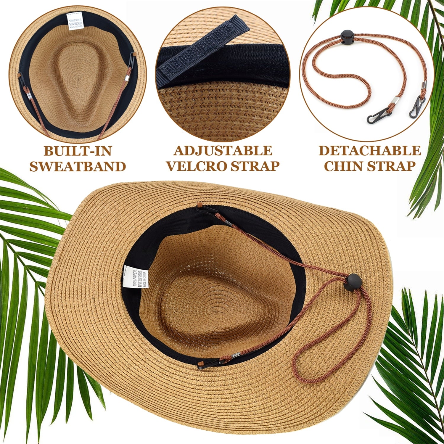 (2 pack) EINSKEY Straw Cowboy Hats for Men, Western Cowgirl Hat Women Wide Brim Fedora for Beach,Khaki
