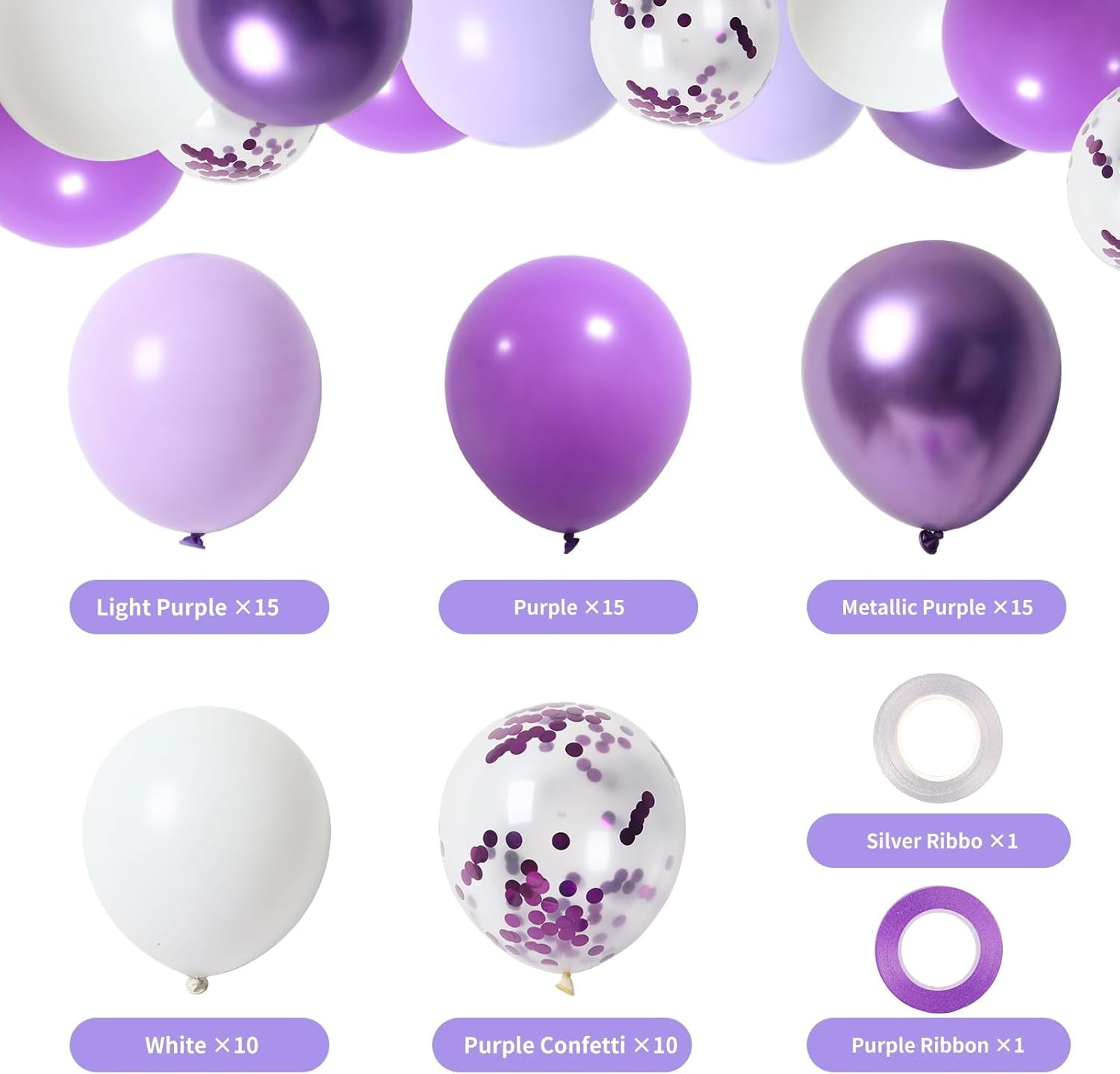 65 Pcs 12 Inches Lavender Purple Balloons, Purple Metallic and Confetti Balloons for Valentine's Day, Baby Shower, Girls Birthday, Wedding, Anniversary Party Decorations
