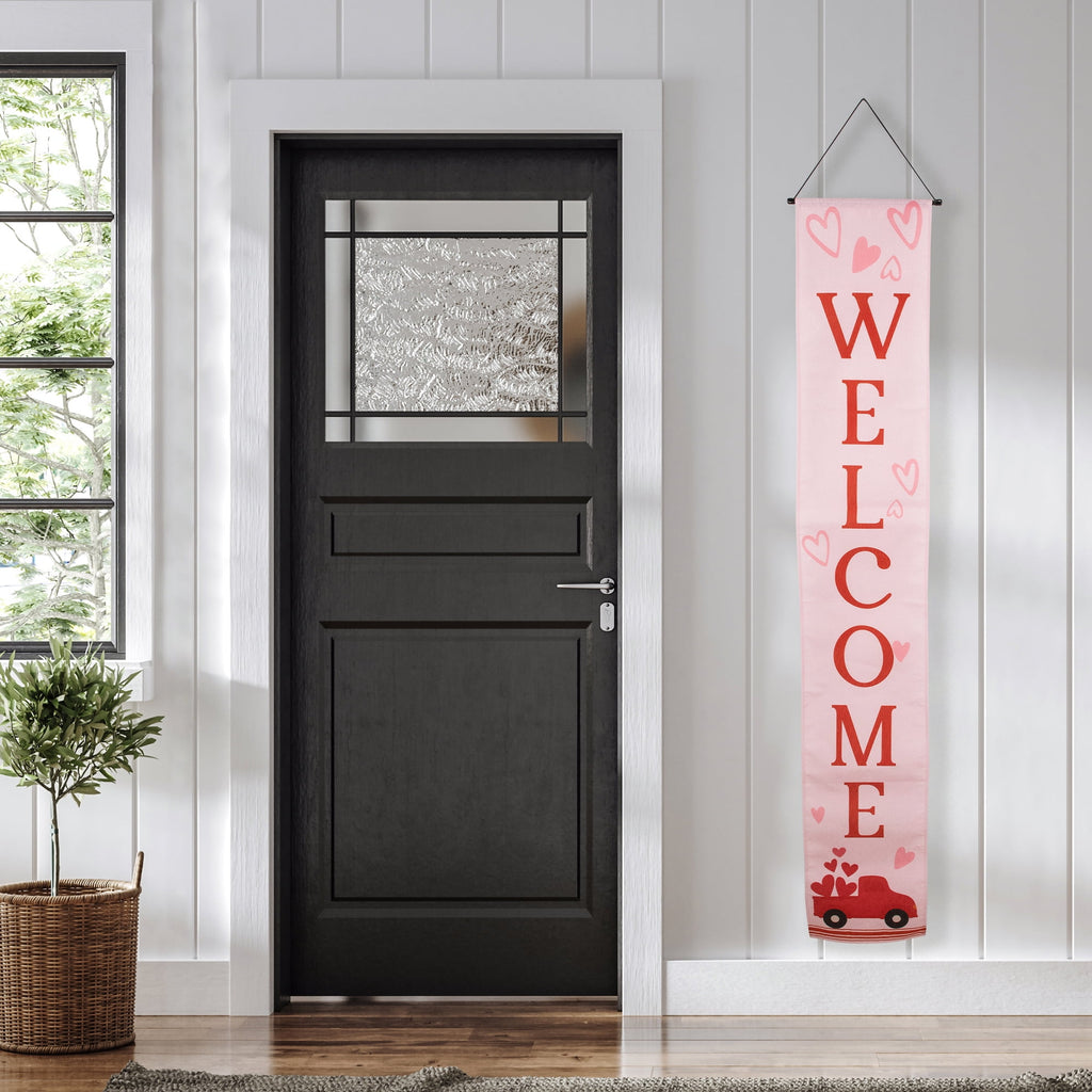Set of 2 Pink "Welcome" and "Happy Valentine's Day" Outdoor Door Banners 71"
