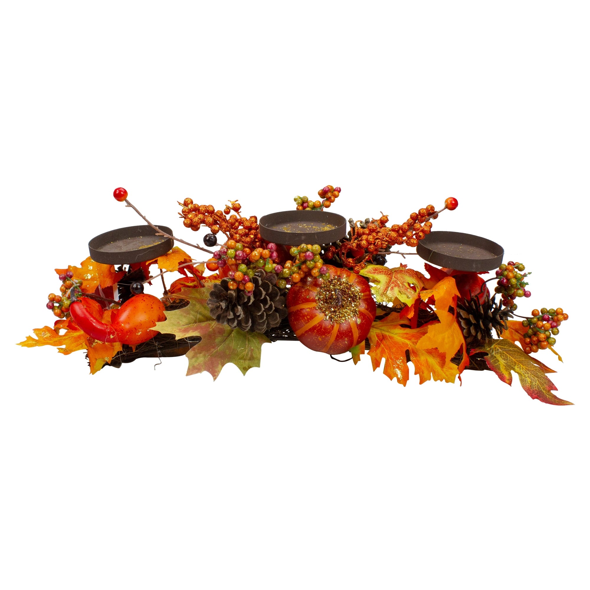 Northlight 21" Orange Fall Harvest Leaves and Pumpkins Candle Holder