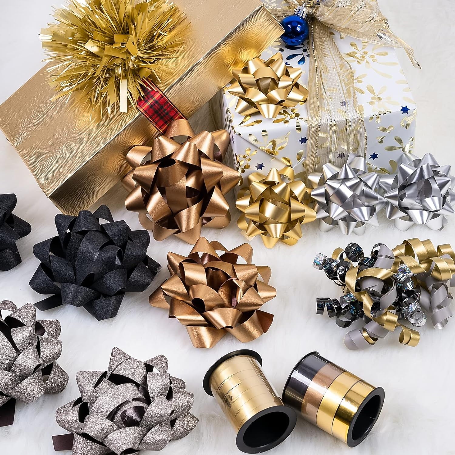 14 Pcs Gift Bows Assortment - 10 Multi Colored Assorted Size Gift Bows(Black, Gold, Silver, Old Gold), 2 Crimped Curling Ribbons, 1 Curly Bow, 1 Tinsel Bow for Christmas and New Year