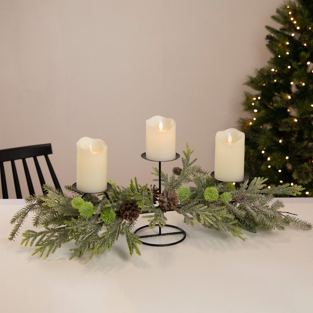 Northlight Triple Candle Holder with Frosted Foliage and Pine Cones Christmas Decoration - 26"
