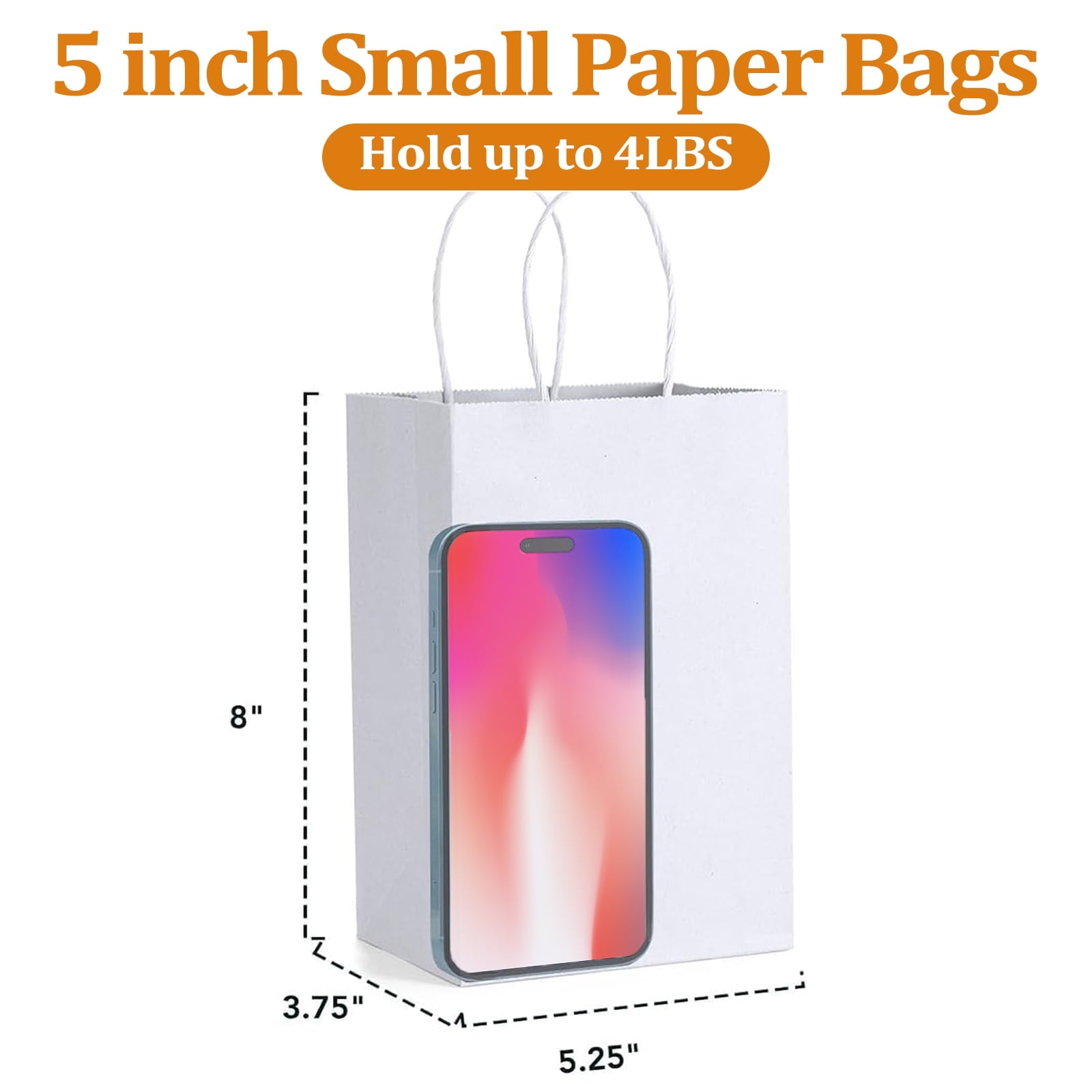 BagDream 100 Pack White Gift Bags with Handle, 5.25x3.75x8" Small Kraft Paper Bags for Birthday Wedding Party Favors Grocery Retail Business