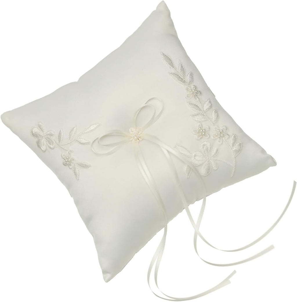 Pearl Embroidered Flower Leaves Wedding Ring Bearer Pillow 7 Inch x 7 Inch - RP010I