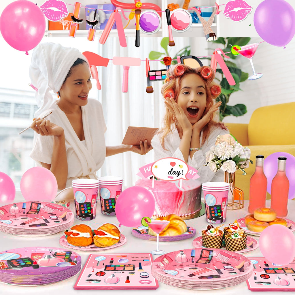 Makeup Birthday Party Supplies,Spa Party Decorations Set-Makeup Theme Party Decoration Plates Cups Napkins Banner Balloon Photo Booth Props etc Makeup Birthday Party Decorations for Girls Women