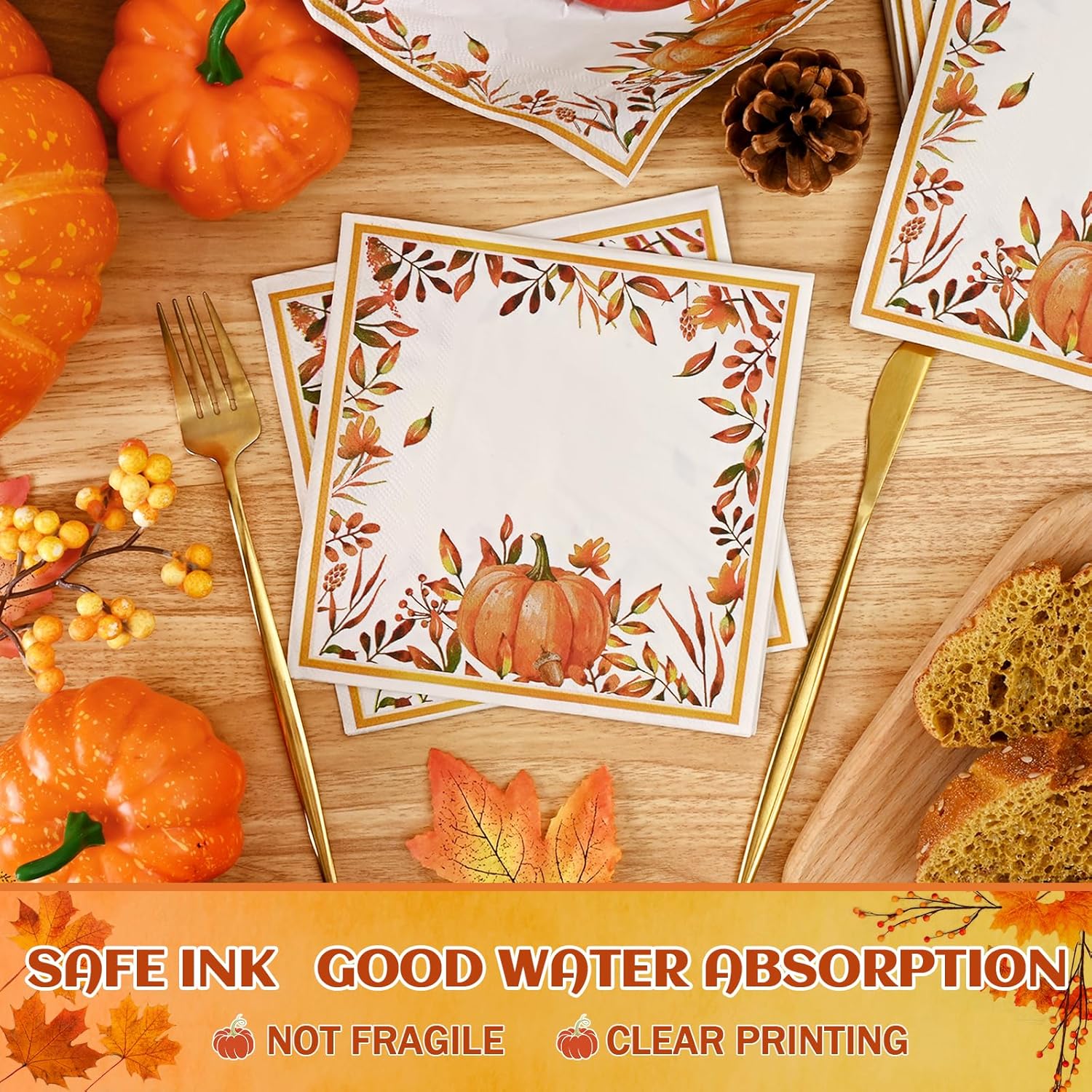 Caltero 200 PCS Fall Thanksgiving Paper Plates and Napkins, Pumpkin Wreath Disposable Dinnerware Set Serve 50 Party Supplies