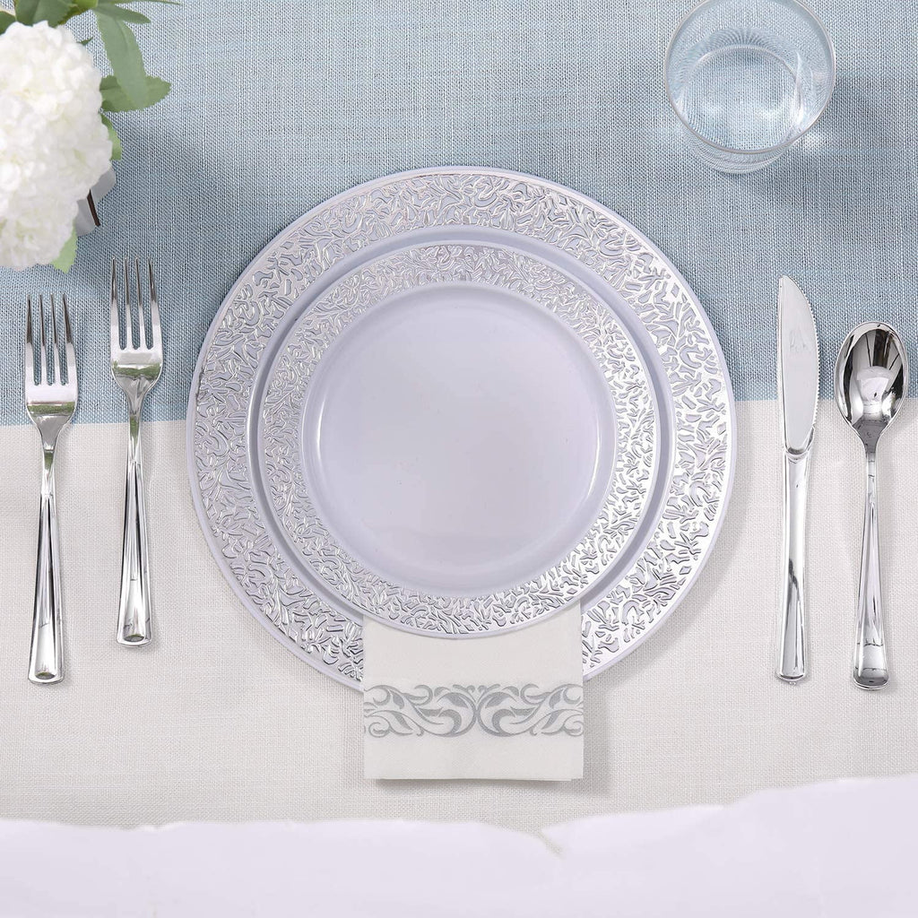 175 Piece Silver Dinnerware Set 25 Guest-50 Silver Lace Plastic Plates-25 Silver Plastic Silverware-25 Silver Plastic Cups-25 Linen Feel Silver Paper Napkins, FOCUSLINE Disposable Dinnerware Set
