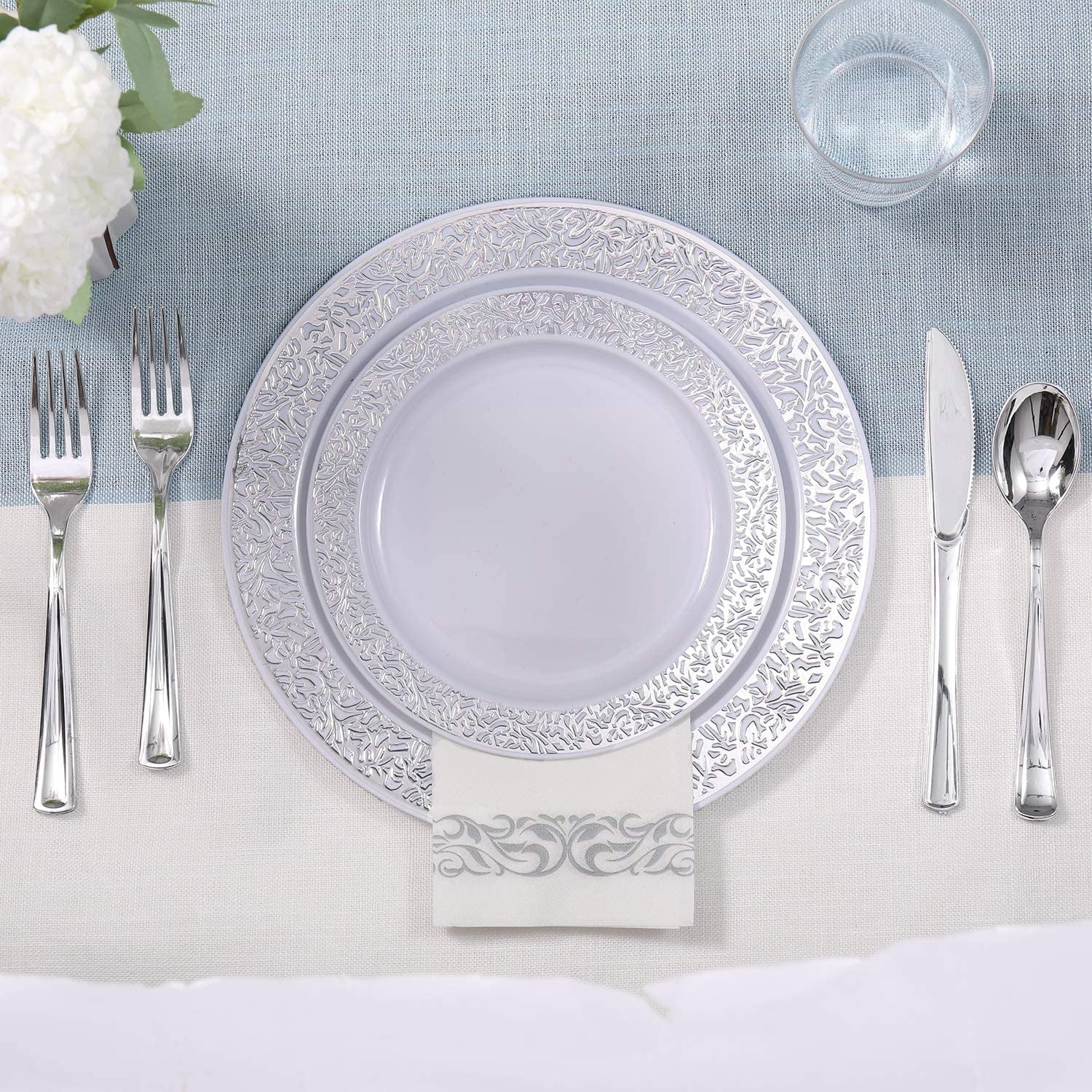 175 Piece Silver Dinnerware Set 25 Guest-50 Silver Lace Plastic Plates-25 Silver Plastic Silverware-25 Silver Plastic Cups-25 Linen Feel Silver Paper Napkins, FOCUSLINE Disposable Dinnerware Set