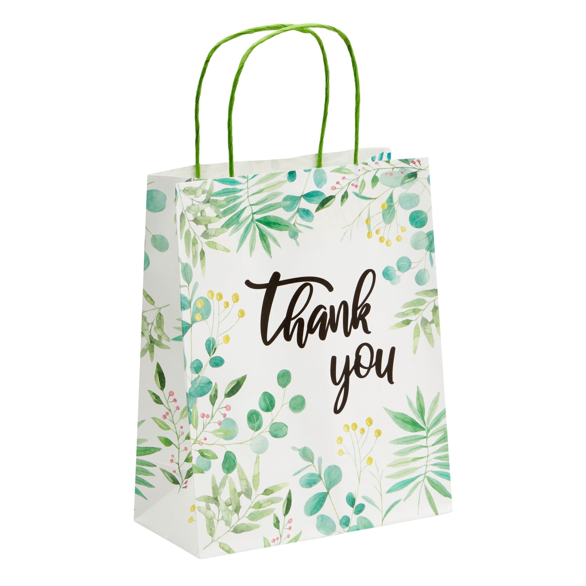 50 Pack Green Leaf Paper Gift Bags with Handles, White Thank You Bag for Small Business Boutique, Baby Shower Party Favors, 10x8x4 in