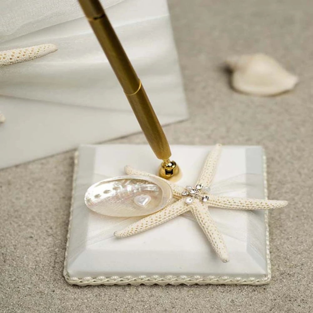 4Pcs Starfish Shell Satin Wedding Supplies Set Flower Girl Basket + Ring Bearer Pillow + Guest Book + Pen Set Holder for Bridal Wedding Shower Ceremony Anniversary Celebrations Party Decorations