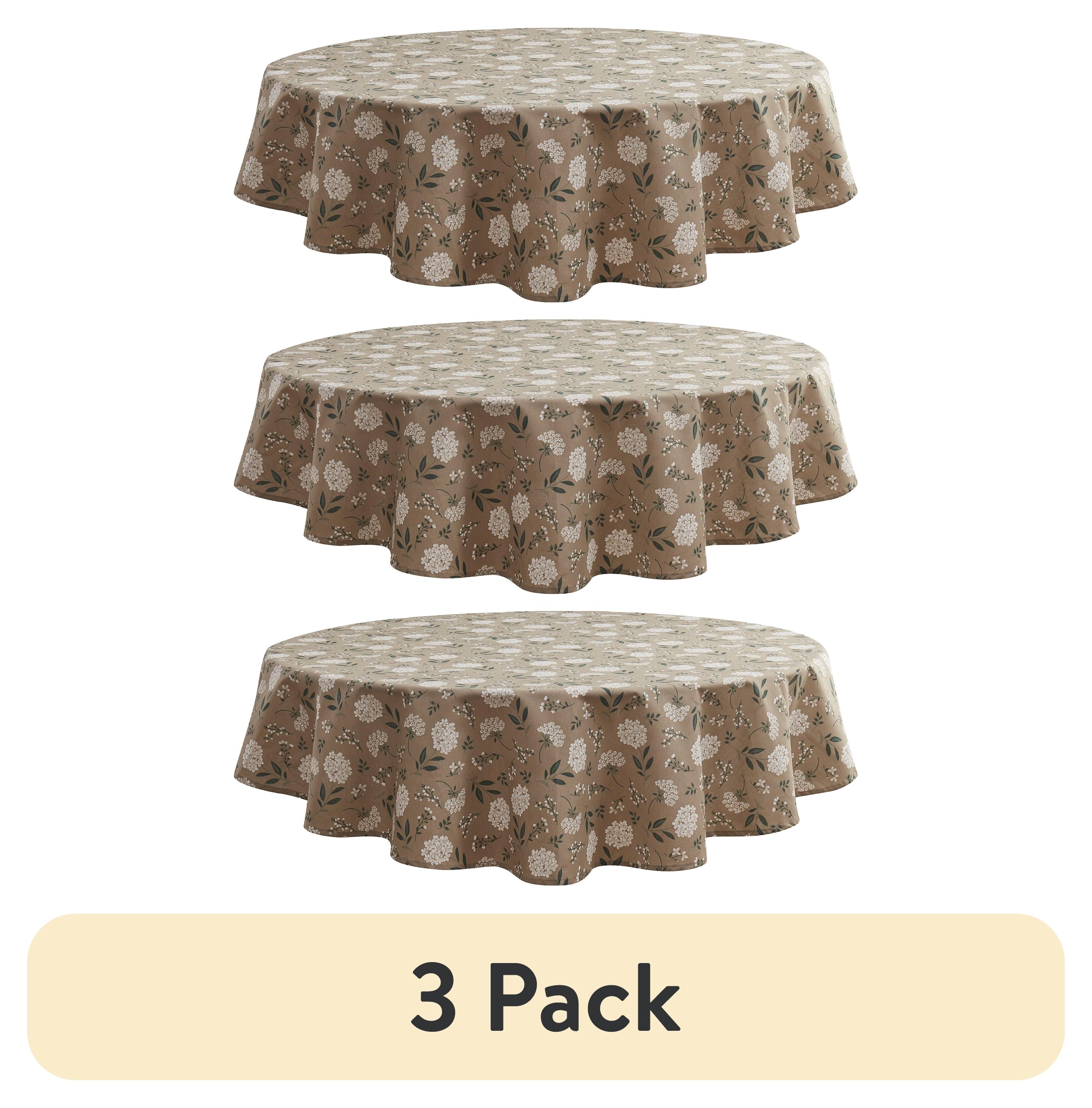 (3 pack) Mainstays Farmhouse Tablecloth Summer Floral Brown Fabric, 70" Round, Hydrangea