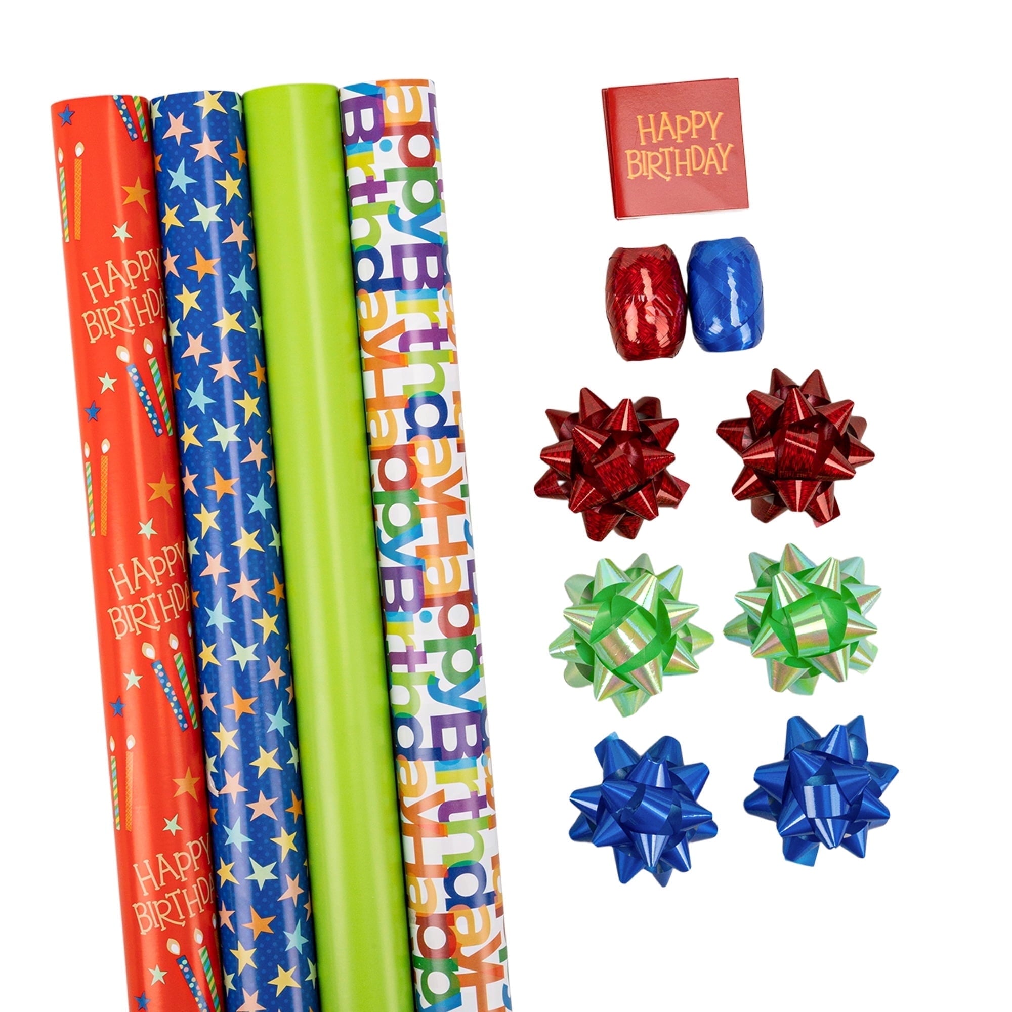 LaRibbons 30" x 8' Birthday Gift Wrap Kit, Wrapping Paper Rolls and Bows, Ribbon Eggs, Gift Tags, Pastel Party