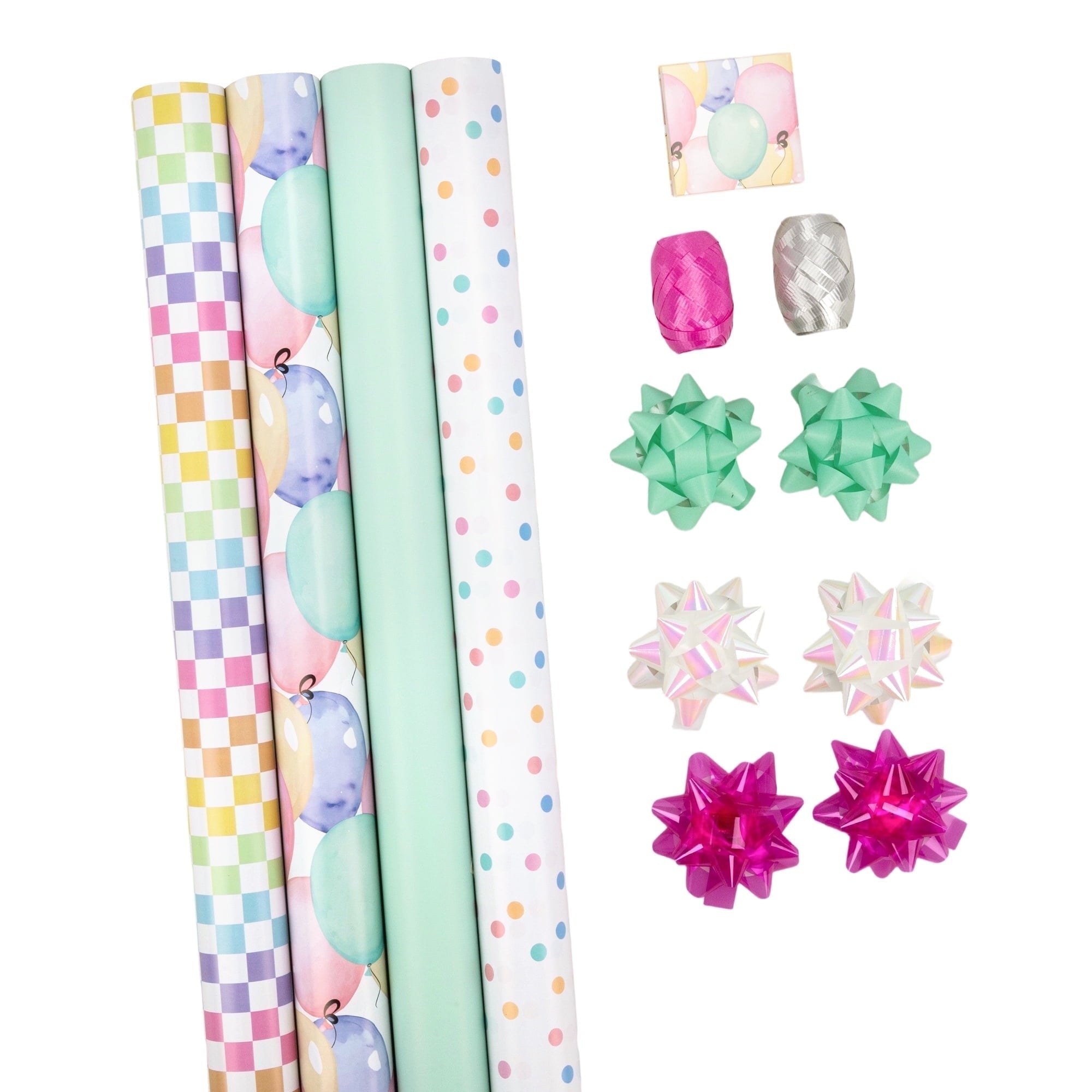 LaRibbons 30" x 8' Birthday Gift Wrap Kit, Wrapping Paper Rolls and Bows, Ribbon Eggs, Gift Tags, Pastel Party
