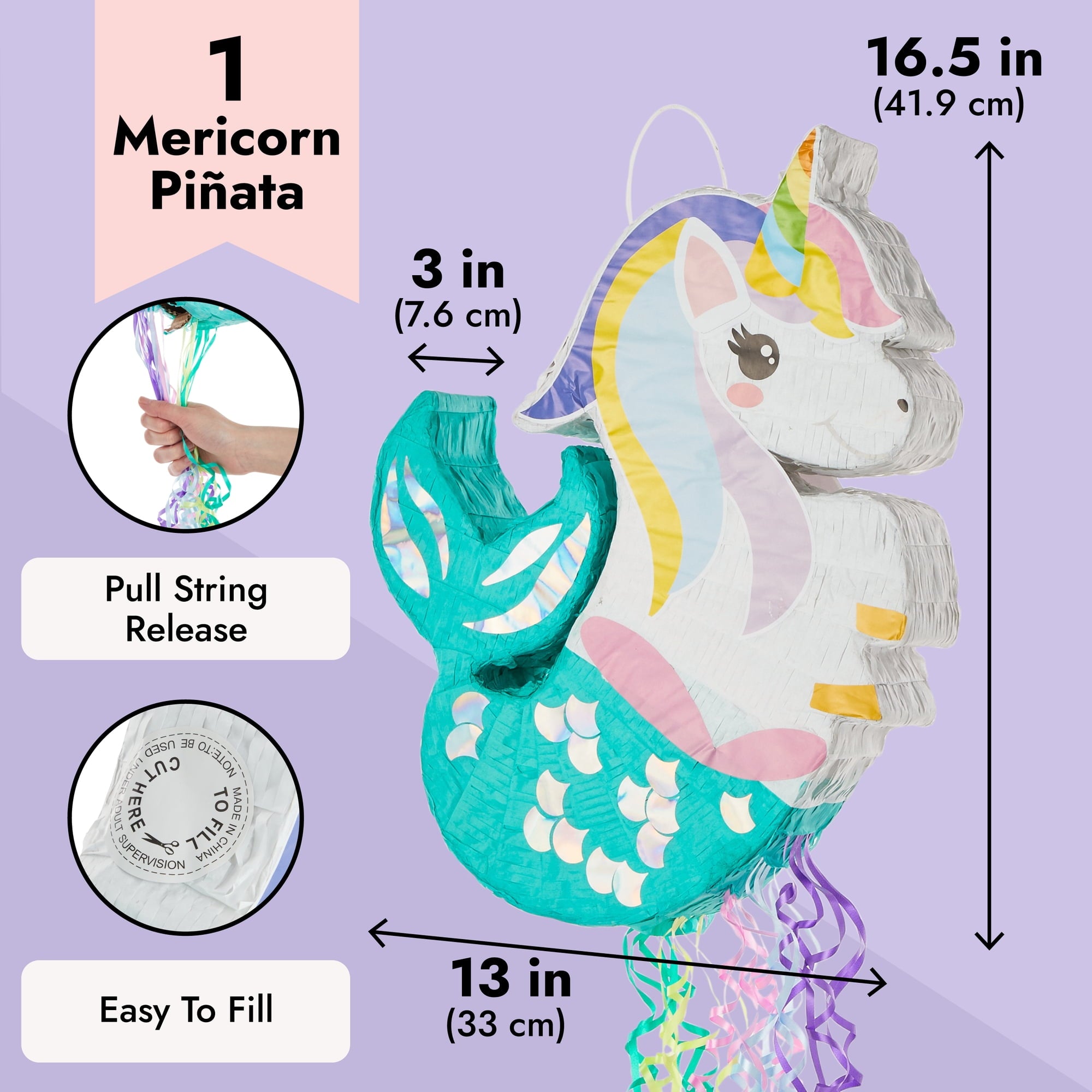 Unicorn Mermaid Pinata - Pull String Pinata for Girls Under the Sea Party Decorations, Rainbow Birthday (Small, 16.5x13x3 In), For Ages 3+