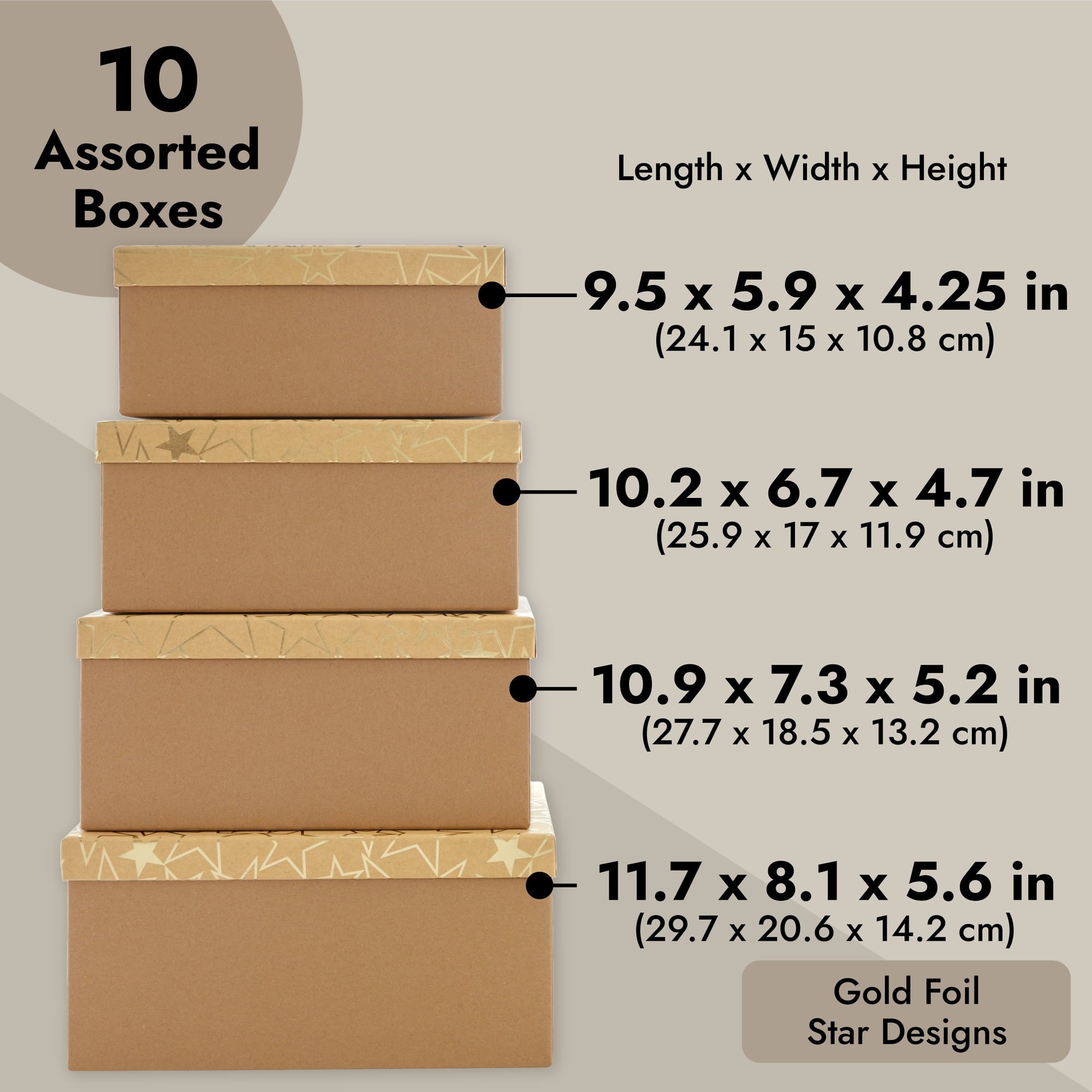 Set of 10 Nesting Gift Boxes with Lids, Cardboard Box with Gold Foil Star Designs (10 Sizes)