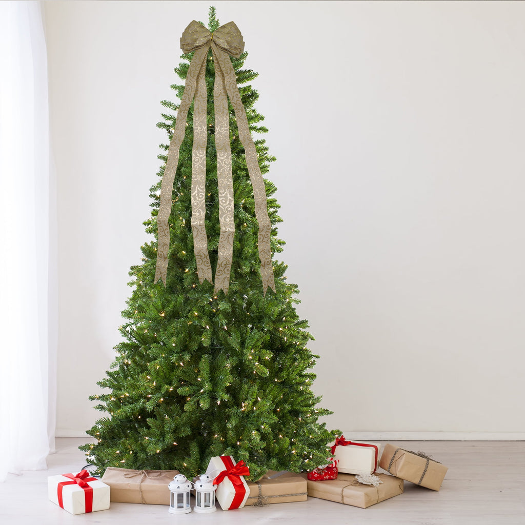 Northlight 48" x 10" Burlap and Gold Scroll 16 Loop Christmas Bow Decoration