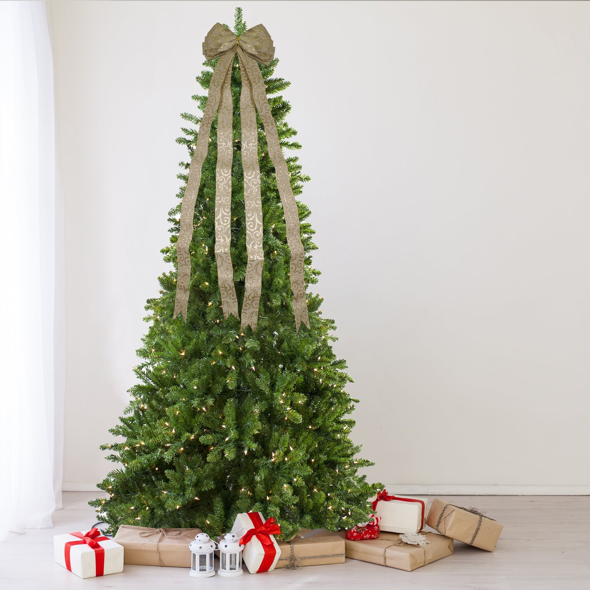 Northlight 48" x 10" Burlap and Gold Scroll 16 Loop Christmas Bow Decoration