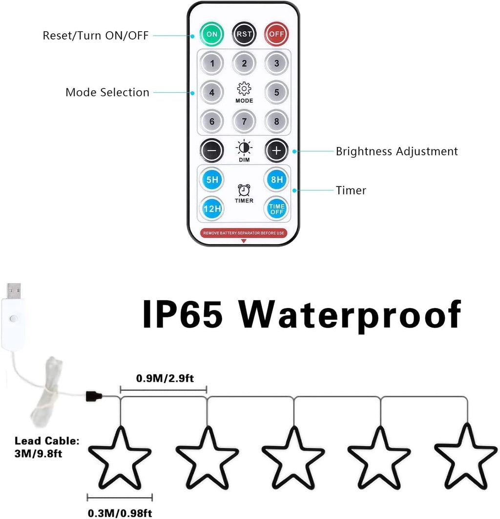 5 Star 11.8" String Light, 150 LED Lights with Remote 8 Lighting Mode, Warm White