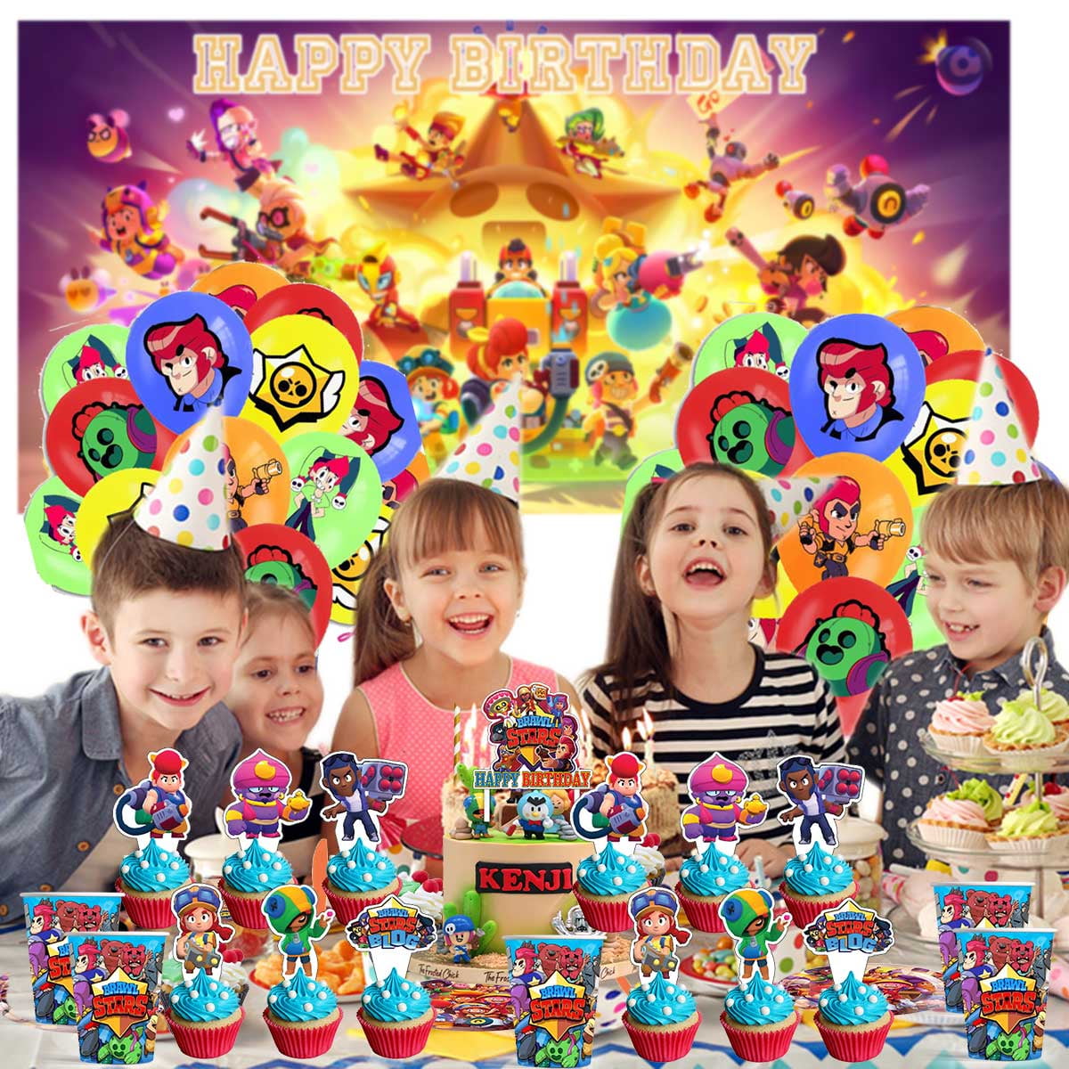 Brawl Stars Balloons Supplies Party Decor Plates Decorations Banner Cake Topper Tableware Banner Backdrop