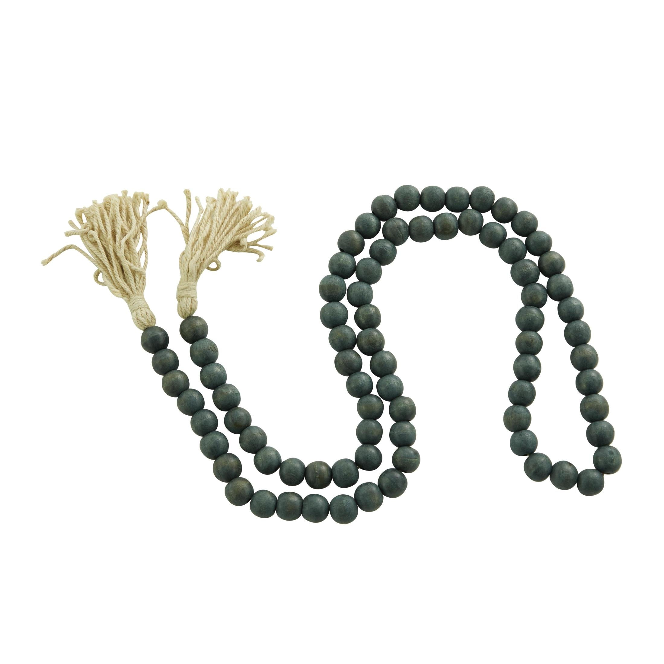 DecMode Green Wood Bohemian Garland Décor with Geometric Bead Details and Cream Cotton Tassel, 81"L