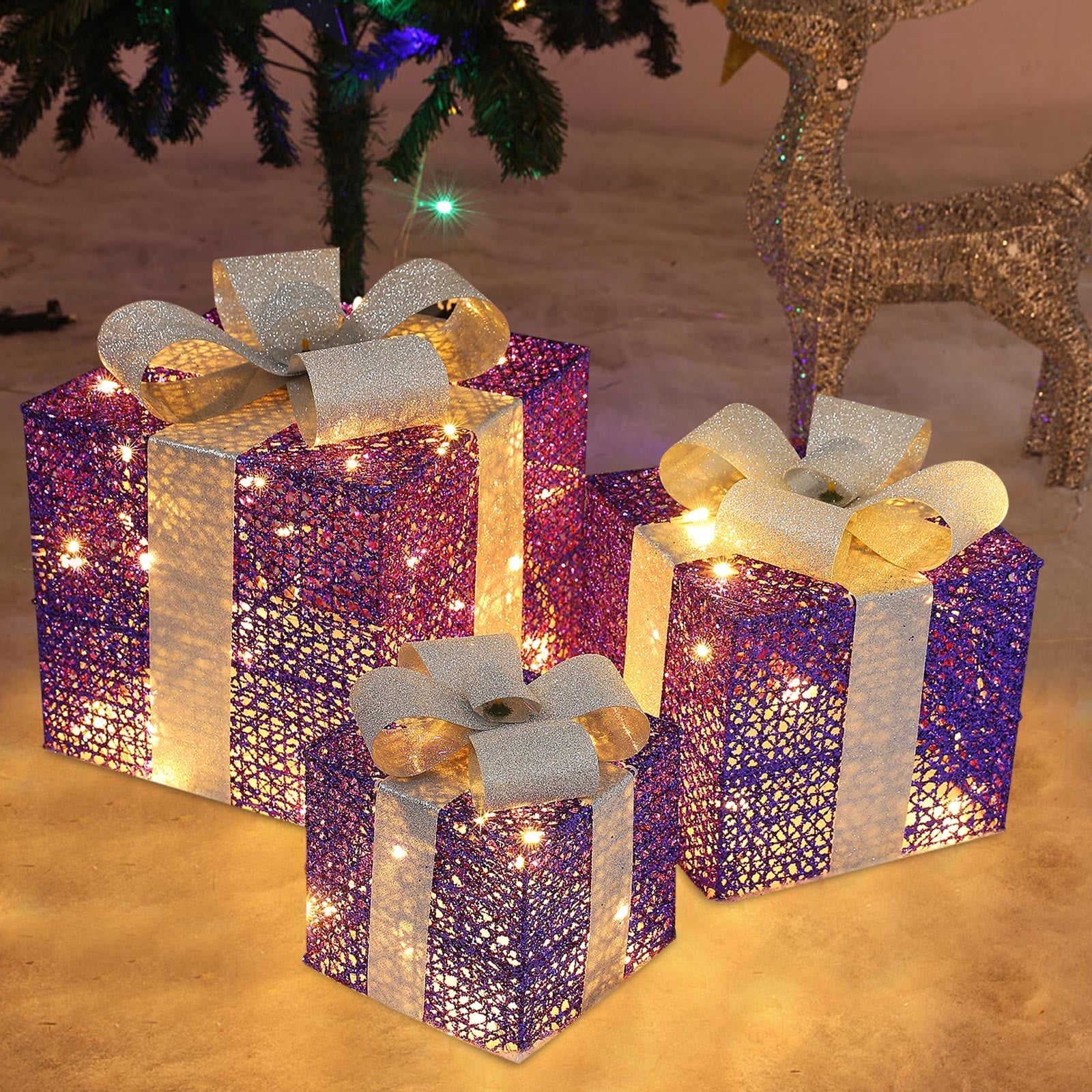 Bxaolu Christmas Lighted Gift Boxes: Set of 3 Light Up Presents Christmas Decoration for Indoor Xmas Tree Outdoor Yard Holiday, Battery Operated Gift Boxes with Lights(Purple)