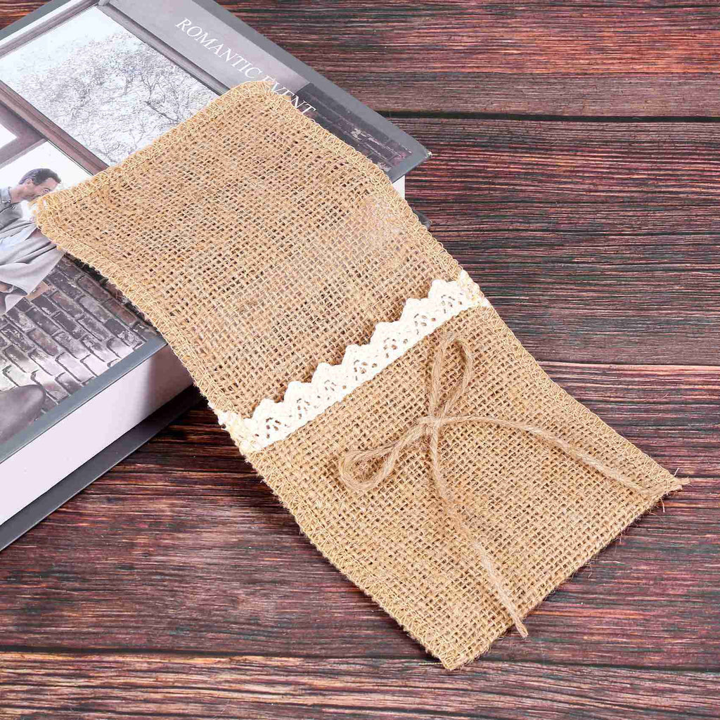 100PCS Country Wedding Table Silverware Holder Natural Burlap Cutlery Pockets Fork Pockets Rustic Wedding Decoration