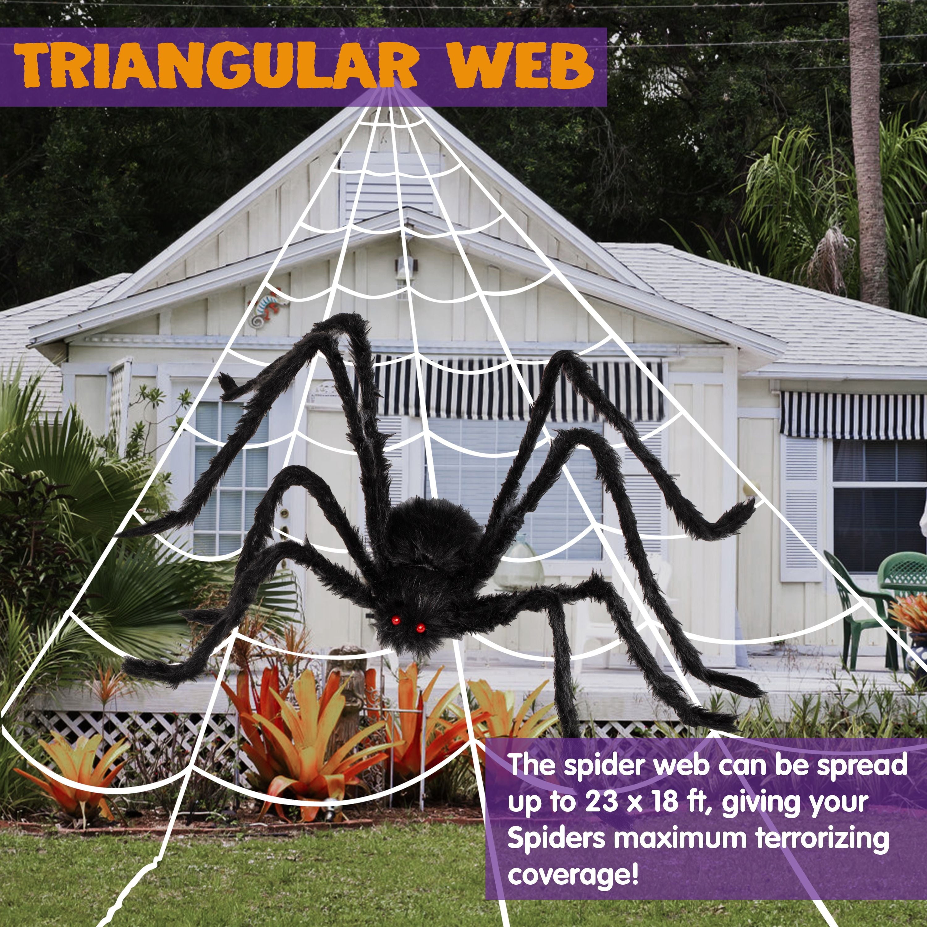Joyfy Halloween Decorations Outdoor,59'' Giant Spider with 400 sqft Spider Web  Fake Spiders with Triangular Huge Spiders Web for Indoor Outdoor Halloween Decorations Yard Haunted House Decor