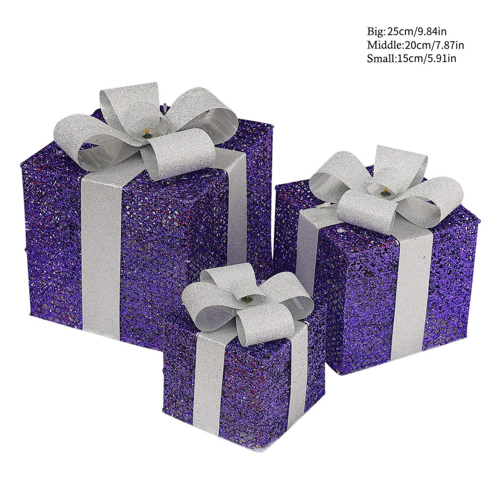 Bxaolu Christmas Lighted Gift Boxes: Set of 3 Light Up Presents Christmas Decoration for Indoor Xmas Tree Outdoor Yard Holiday, Battery Operated Gift Boxes with Lights(Purple)